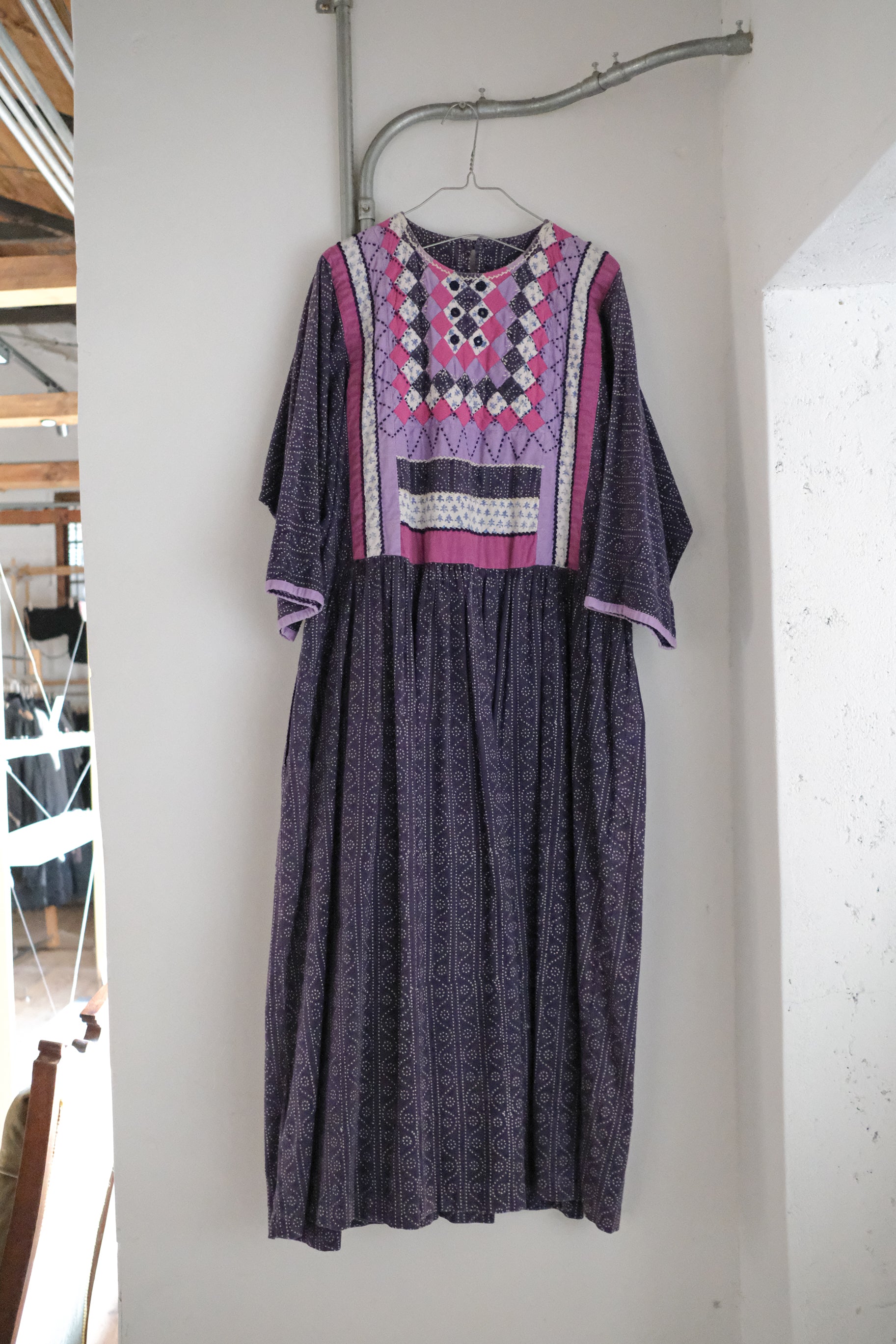 1970's Indian Shisha Patch Wax Print Dress / 印度古著鏡面刺繡蠟染印花洋裝