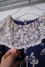 Vintage Floral Lace Collar Dress / 蕾絲領印花百摺洋裝