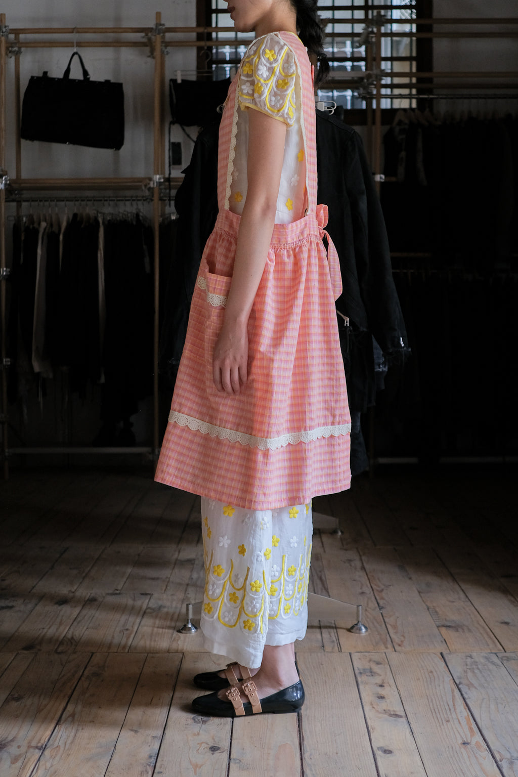 1970's Shadow Plaid Lace Bib Apron / 古著漸層格紋蕾絲圍裙
