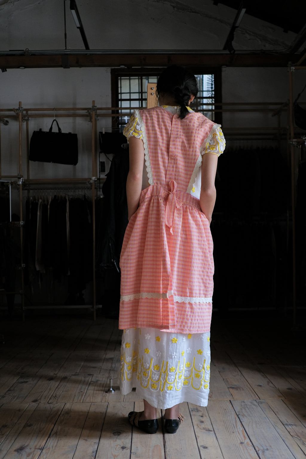 1970's Shadow Plaid Lace Bib Apron / 古著漸層格紋蕾絲圍裙