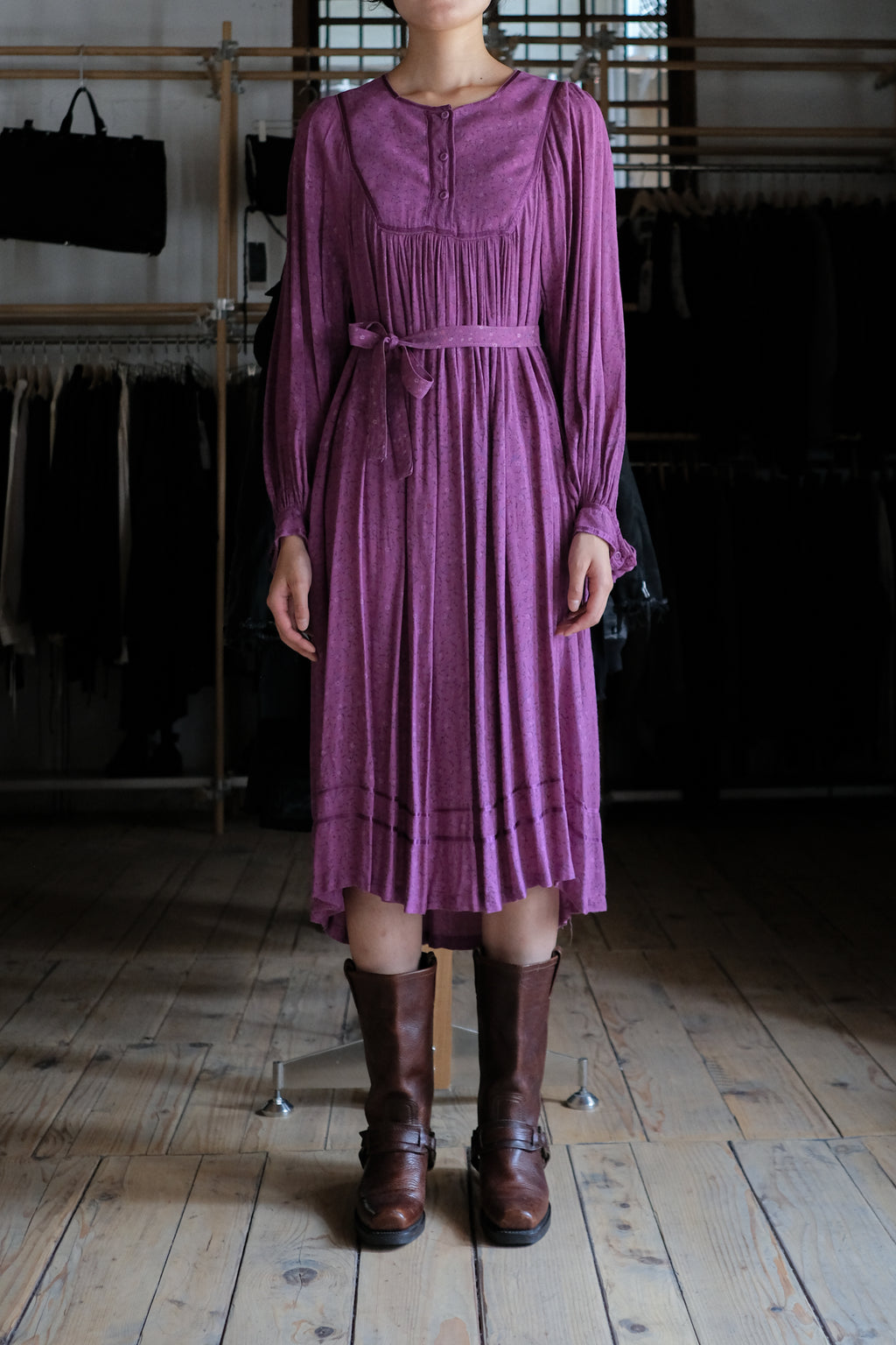 1970's Indian Deep lilac Calico Dress / 印度古著紫丁香碎花細褶洋裝