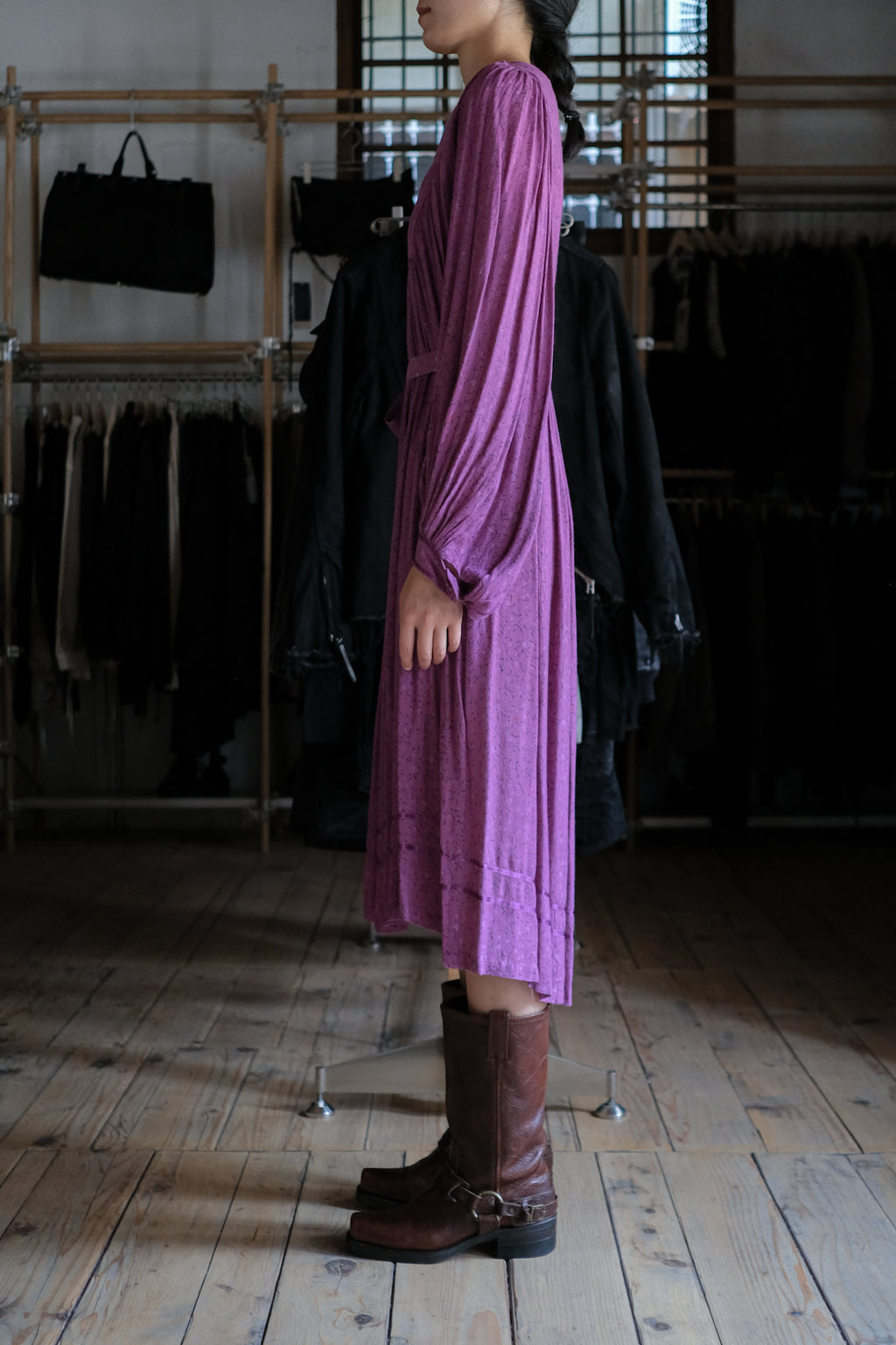 1970's Indian Deep lilac Calico Dress / 印度古著紫丁香碎花細褶洋裝