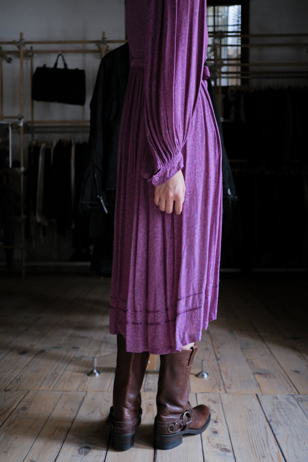 1970's Indian Deep lilac Calico Dress / 印度古著紫丁香碎花細褶洋裝