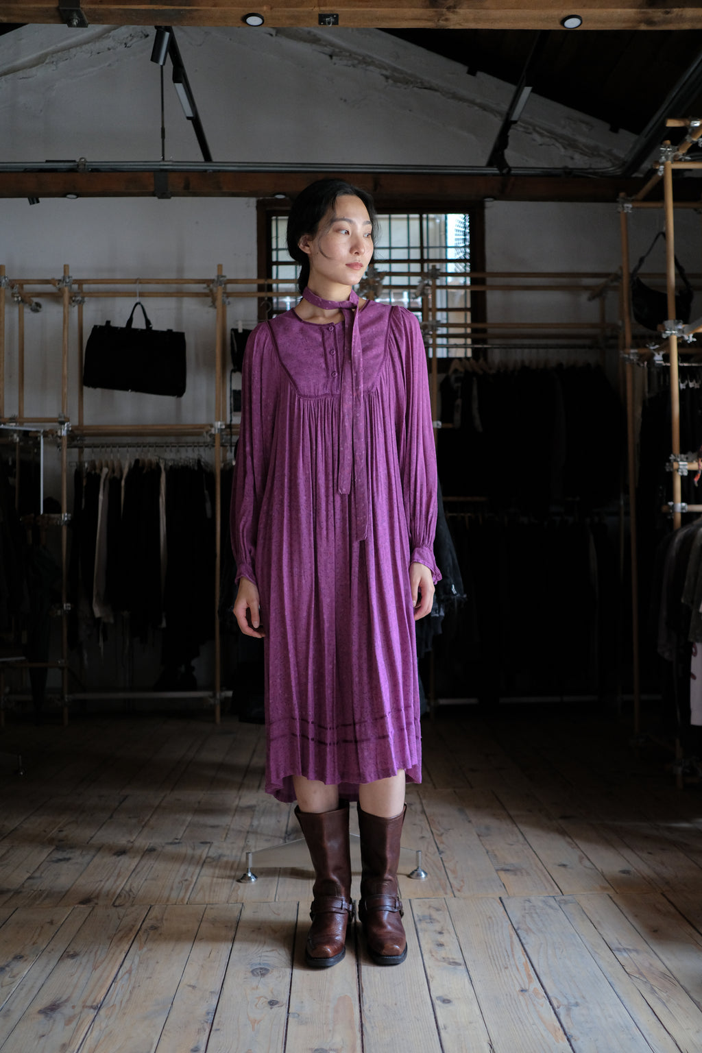 1970's Indian Deep lilac Calico Dress / 印度古著紫丁香碎花細褶洋裝