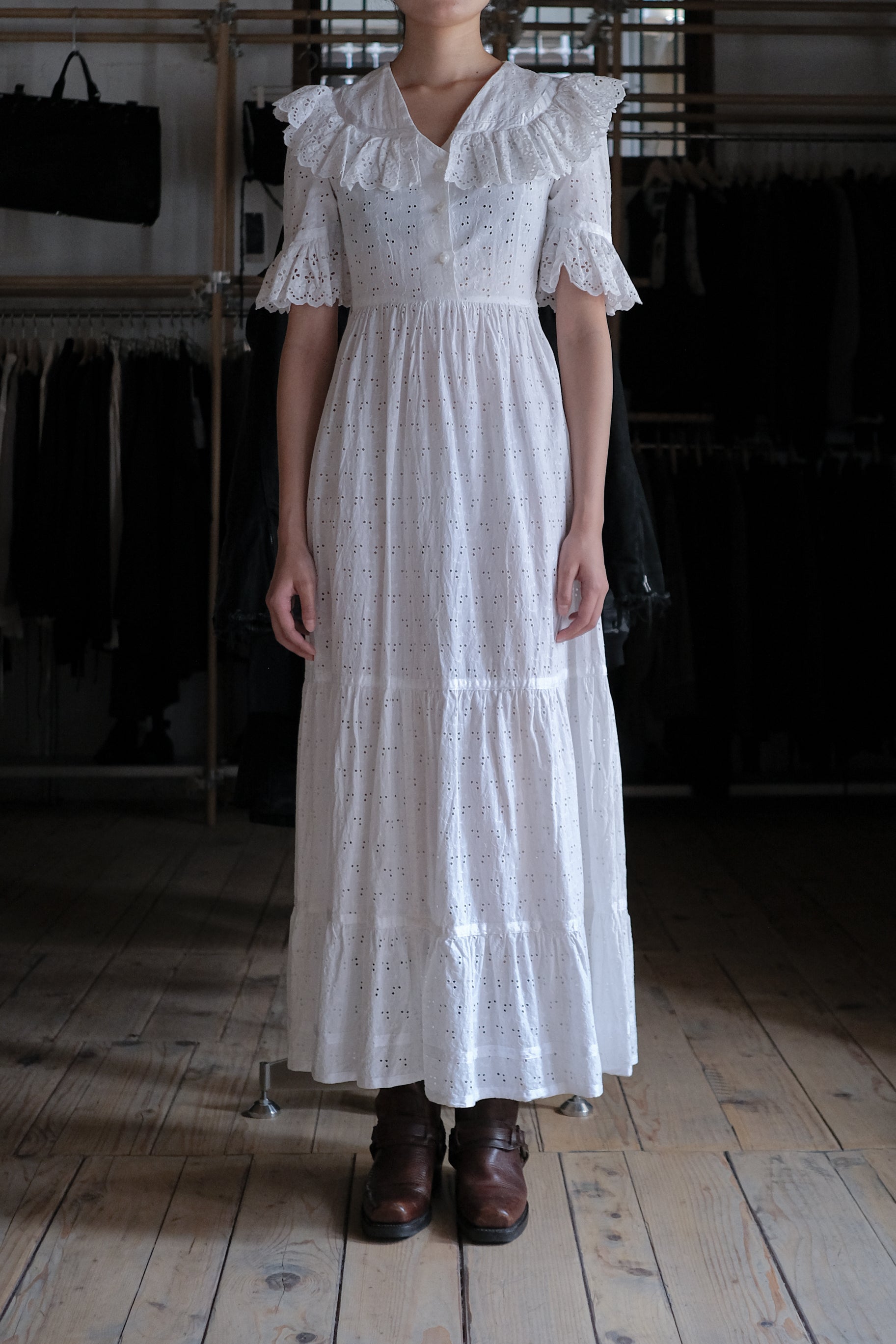 1970's Embroidered Eyelet Flowers Lace Maxi Dress / 古著鏤空刺繡蕾絲長洋裝