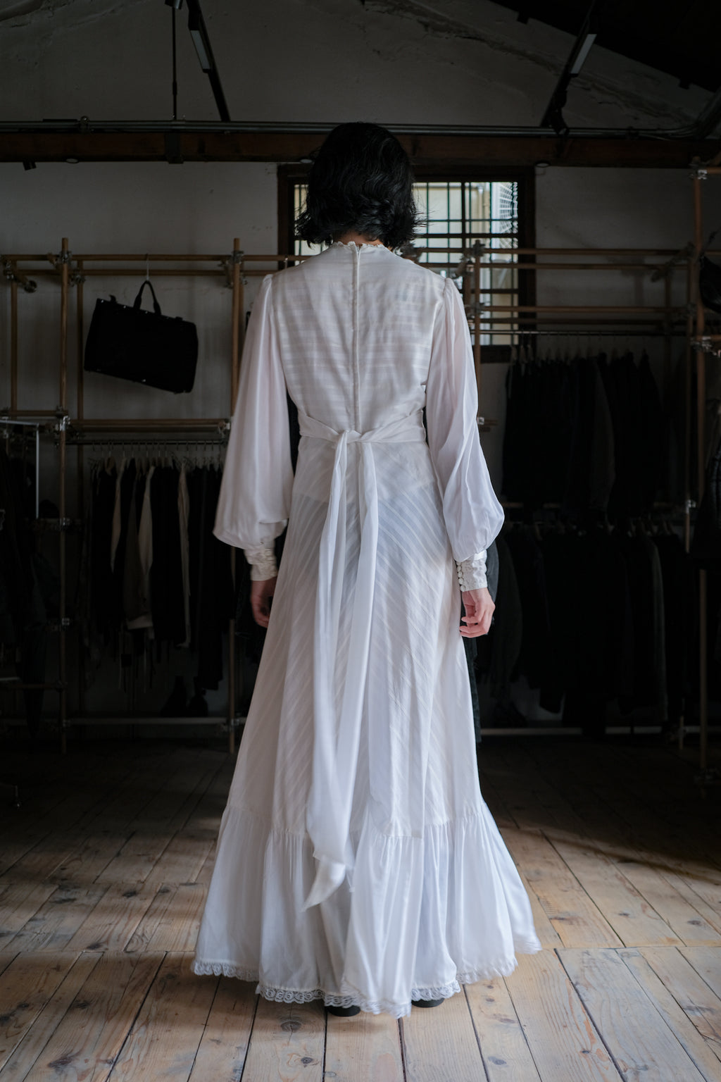 1970's Lace Bid Empire Waist Belted Dress / 古著蕾絲高腰綁帶長裙