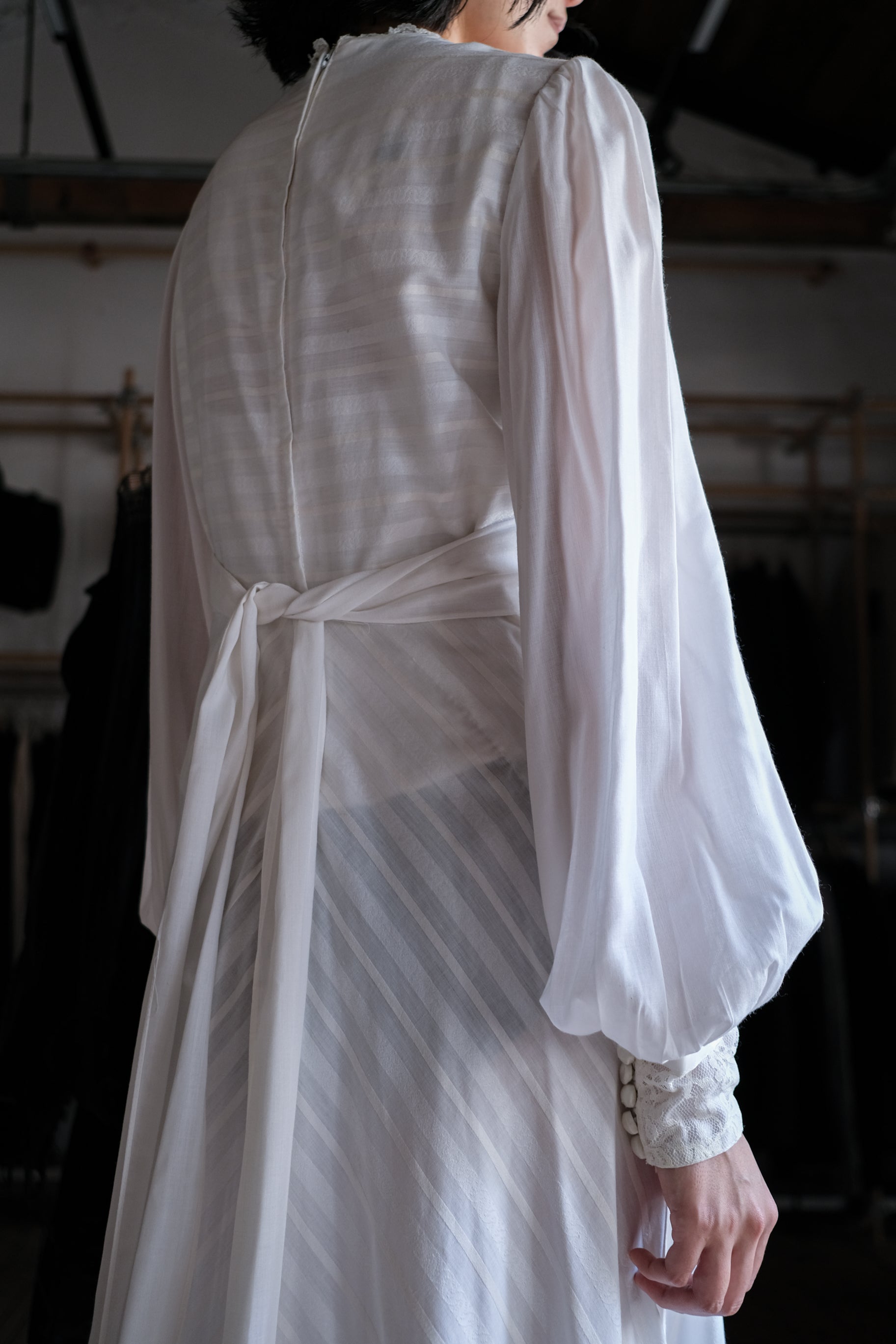 1970's Lace Bid Empire Waist Belted Dress / 古著蕾絲高腰綁帶長裙