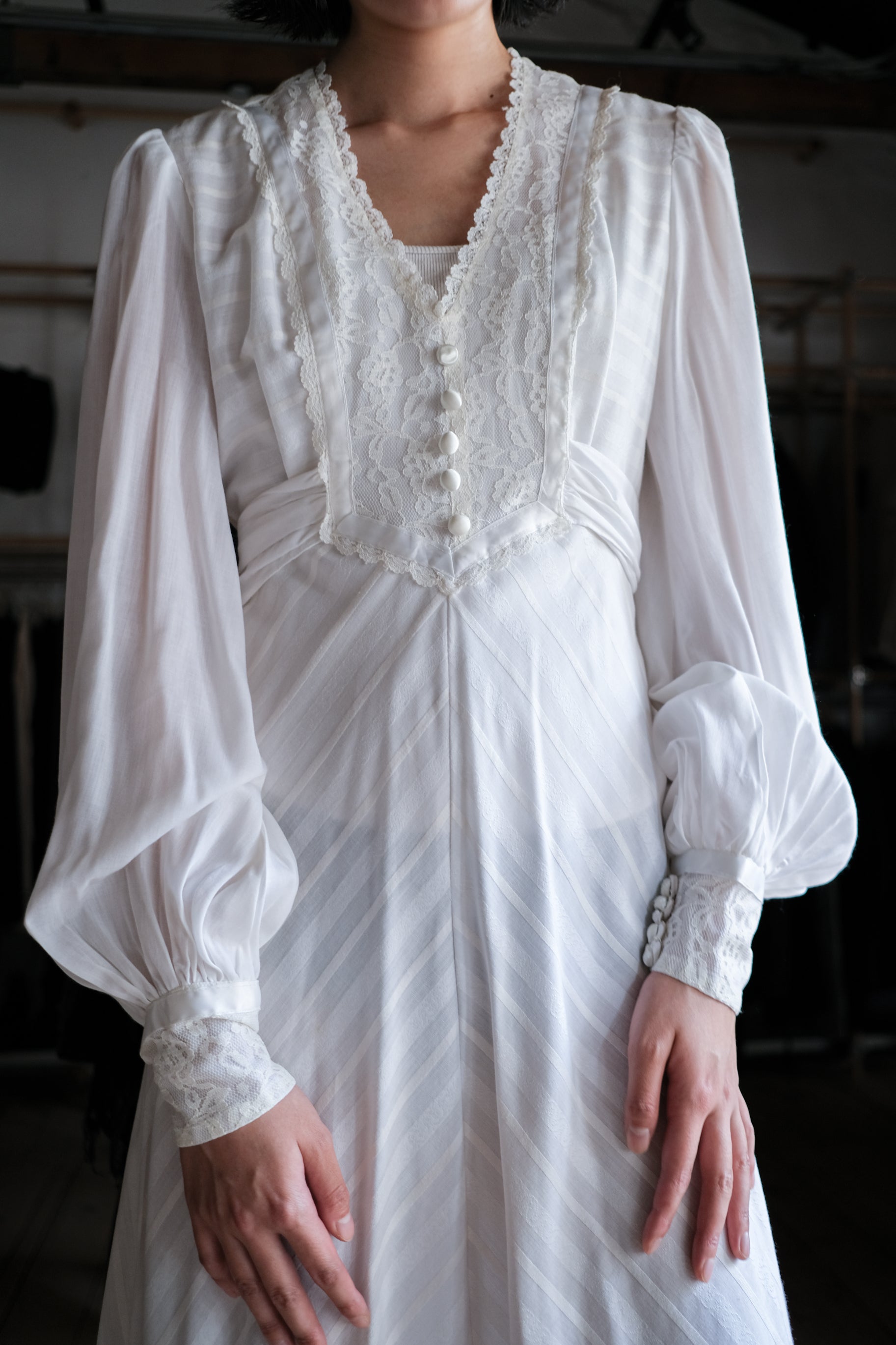 1970's Lace Bid Empire Waist Belted Dress / 古著蕾絲高腰綁帶長裙