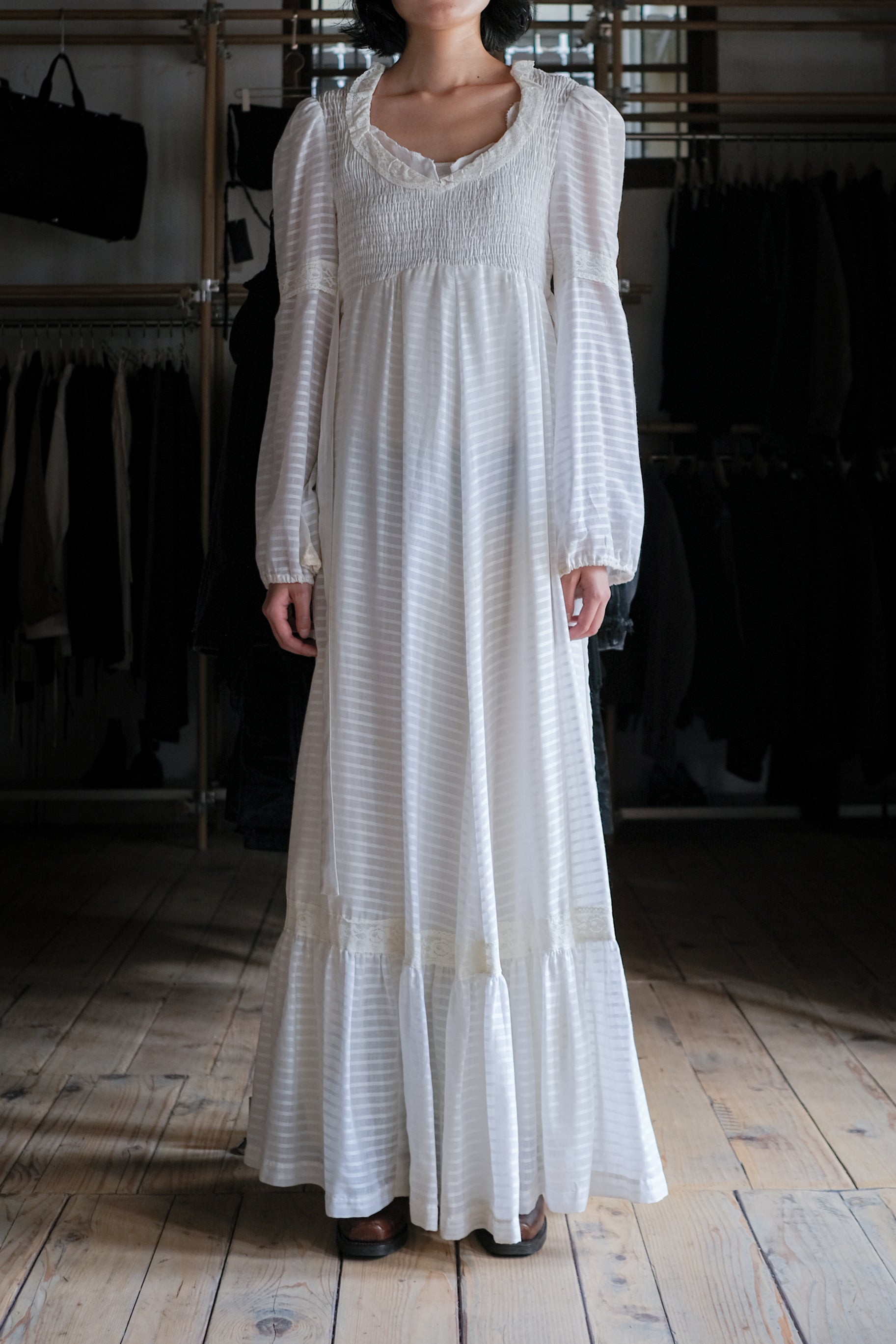 1970's "Jack Kramer" Pleated Empire Waist Belted Dress / 古著褶襉高腰綁帶長裙