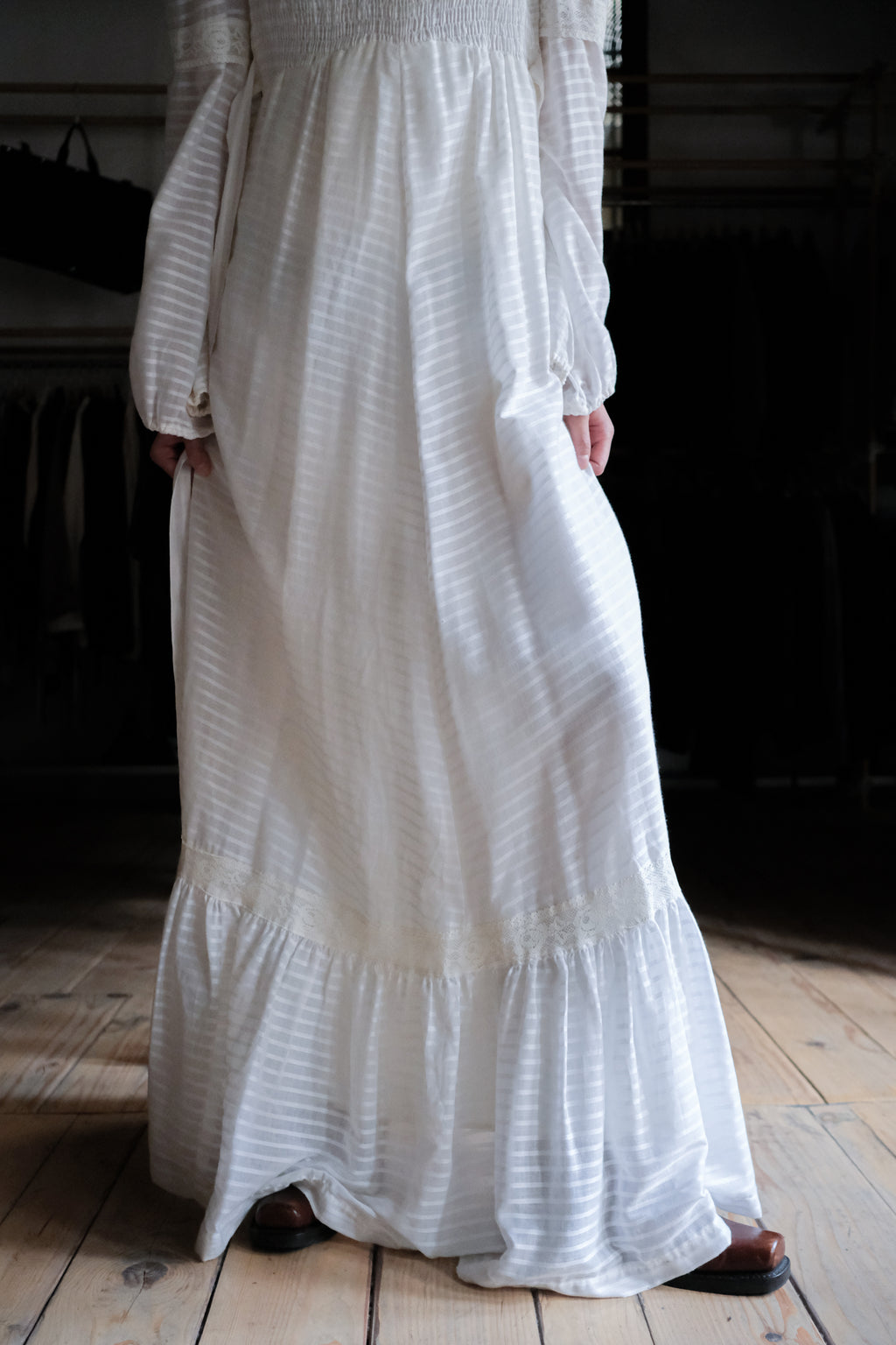 1970's "Jack Kramer" Pleated Empire Waist Belted Dress / 古著褶襉高腰綁帶長裙