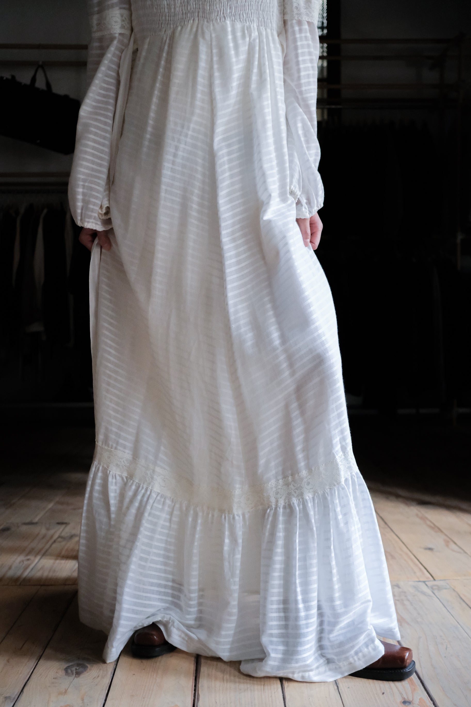 1970's "Jack Kramer" Pleated Empire Waist Belted Dress / 古著褶襉高腰綁帶長裙
