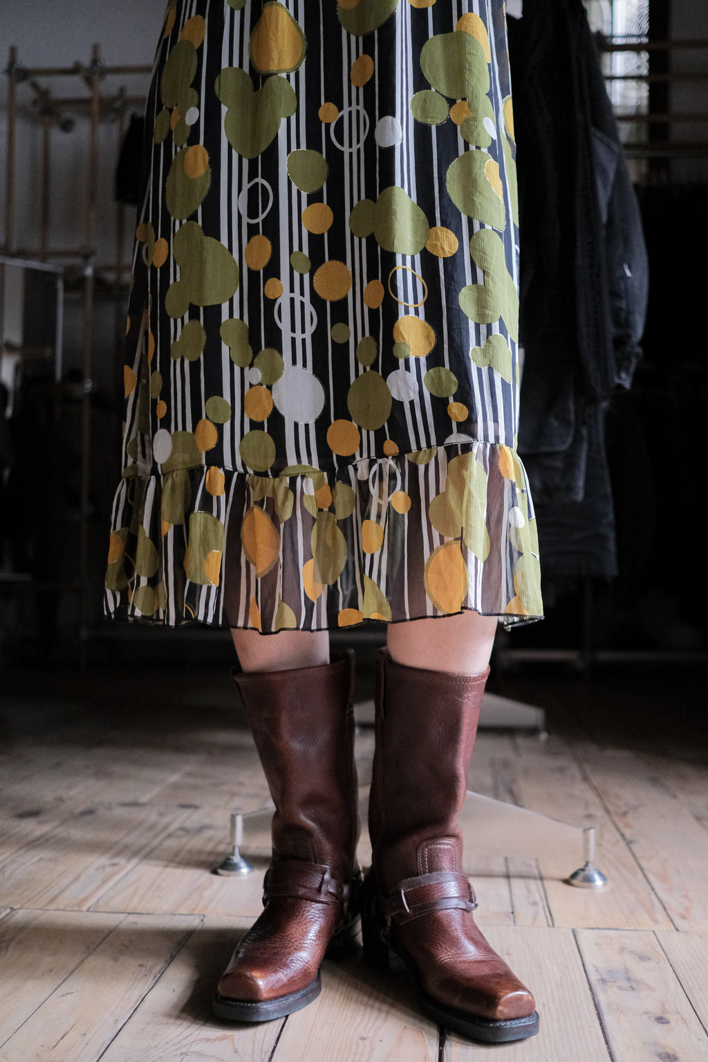 Vintage Striped Polka Dot Print Dres / 古著花紋印花平口洋裝