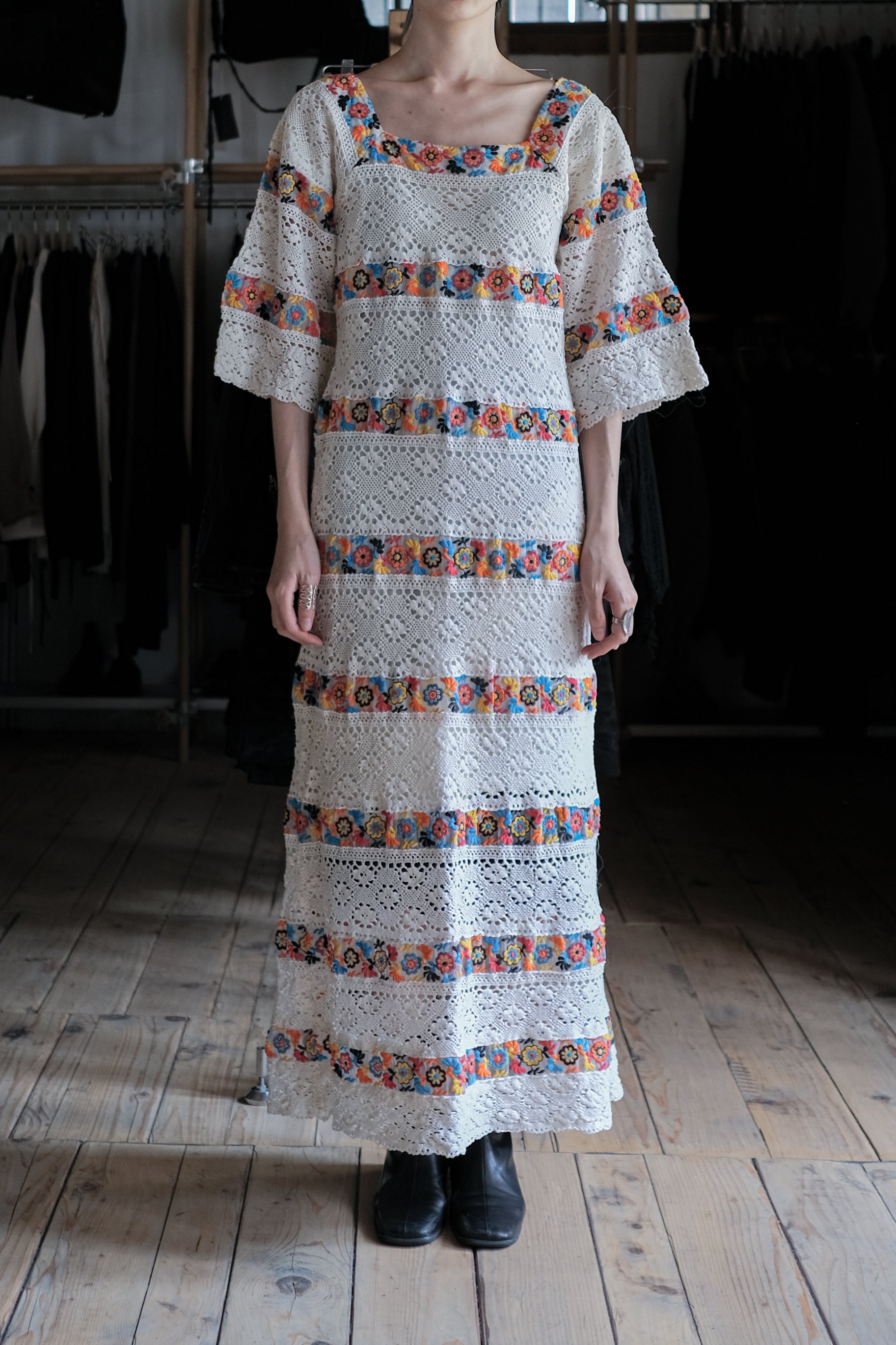 1970's Crochet Floral Boho Maxi Dress / 古著鉤針花朵長裙