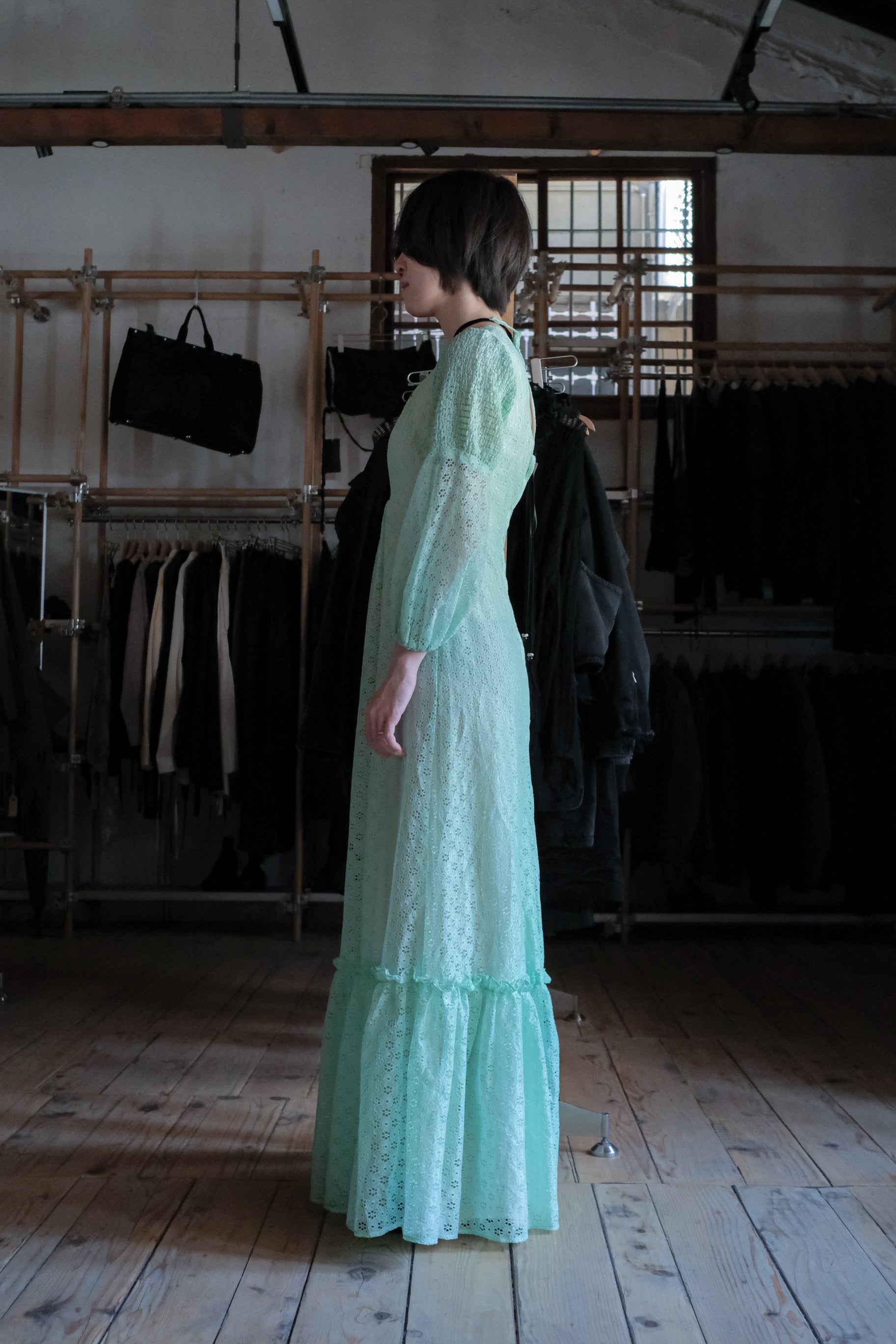 1970's Ronda Roy Mint Green Eyelet Maxi Dress / 古著薄荷綠鏤空刺繡長洋裝