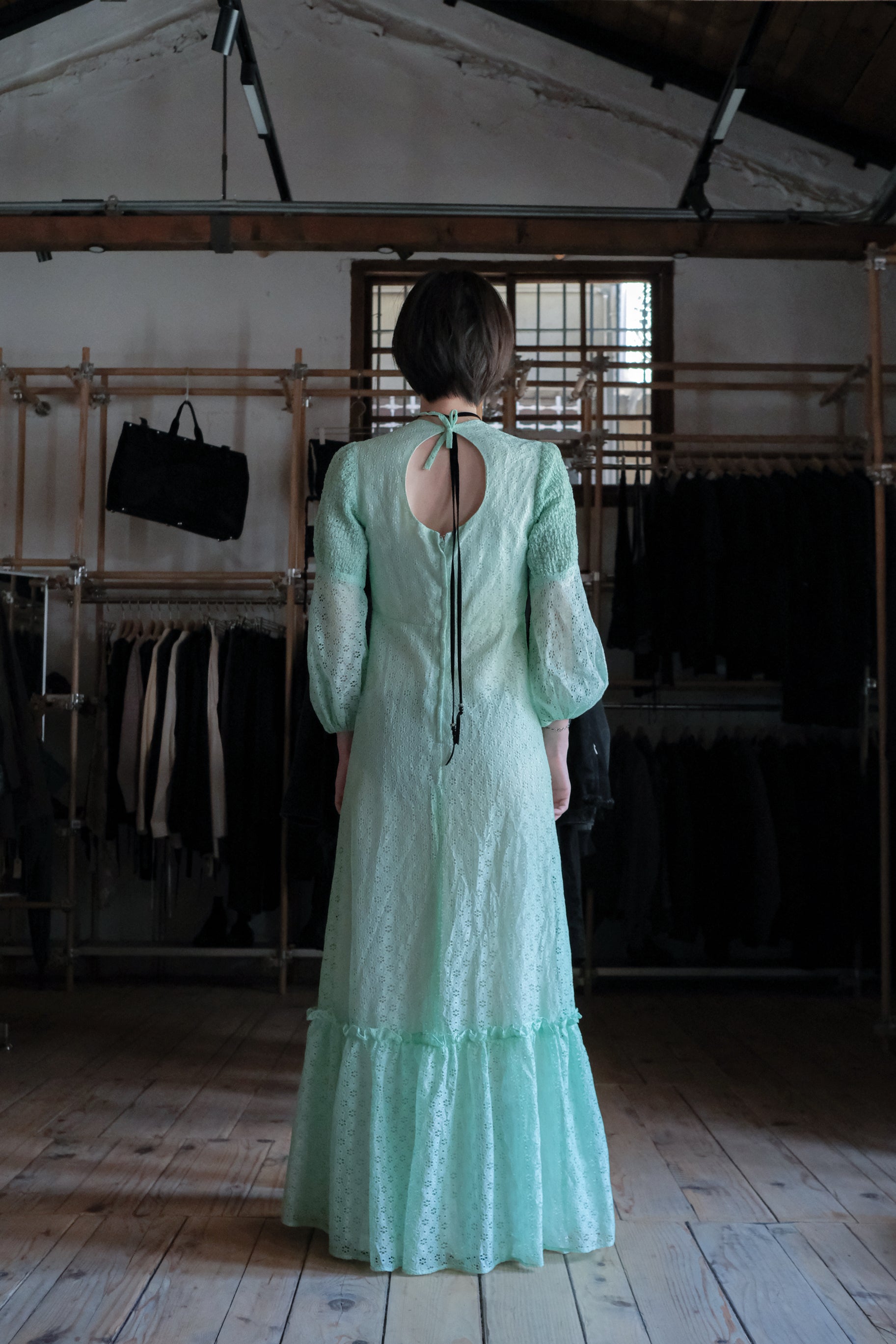 1970's Ronda Roy Mint Green Eyelet Maxi Dress / 古著薄荷綠鏤空刺繡長洋裝