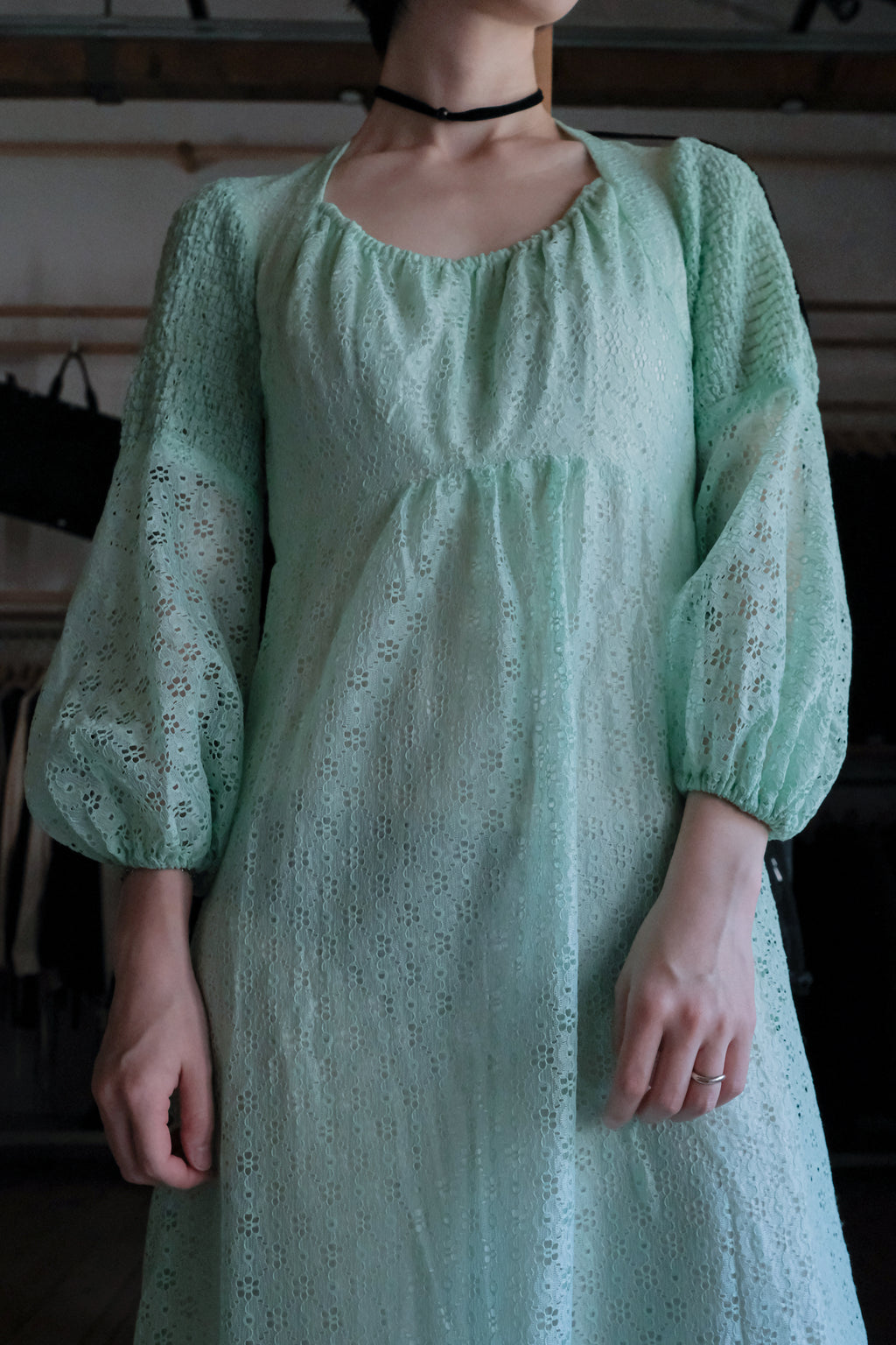1970's Ronda Roy Mint Green Eyelet Maxi Dress / 古著薄荷綠鏤空刺繡長洋裝