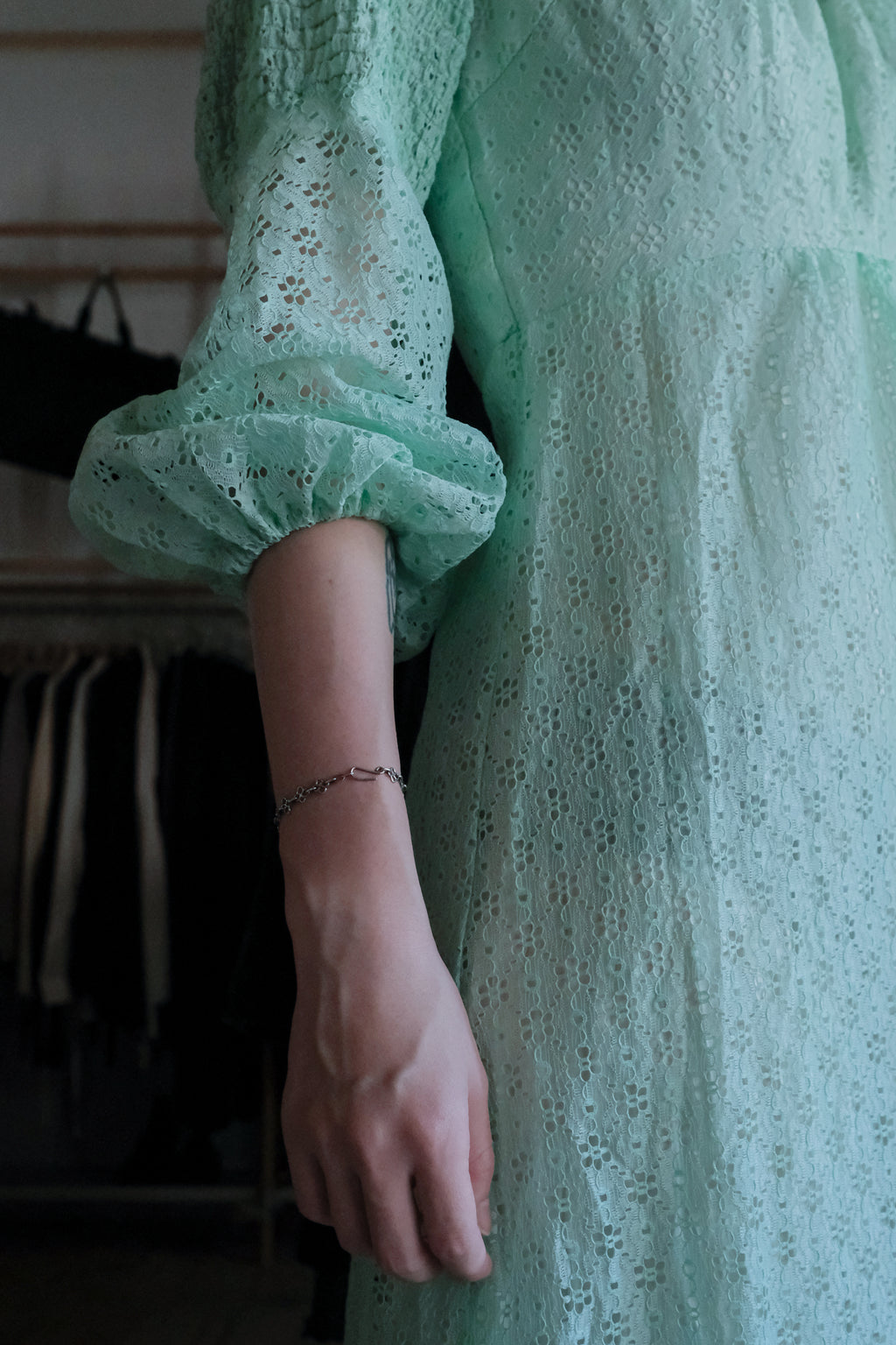 1970's Ronda Roy Mint Green Eyelet Maxi Dress / 古著薄荷綠鏤空刺繡長洋裝