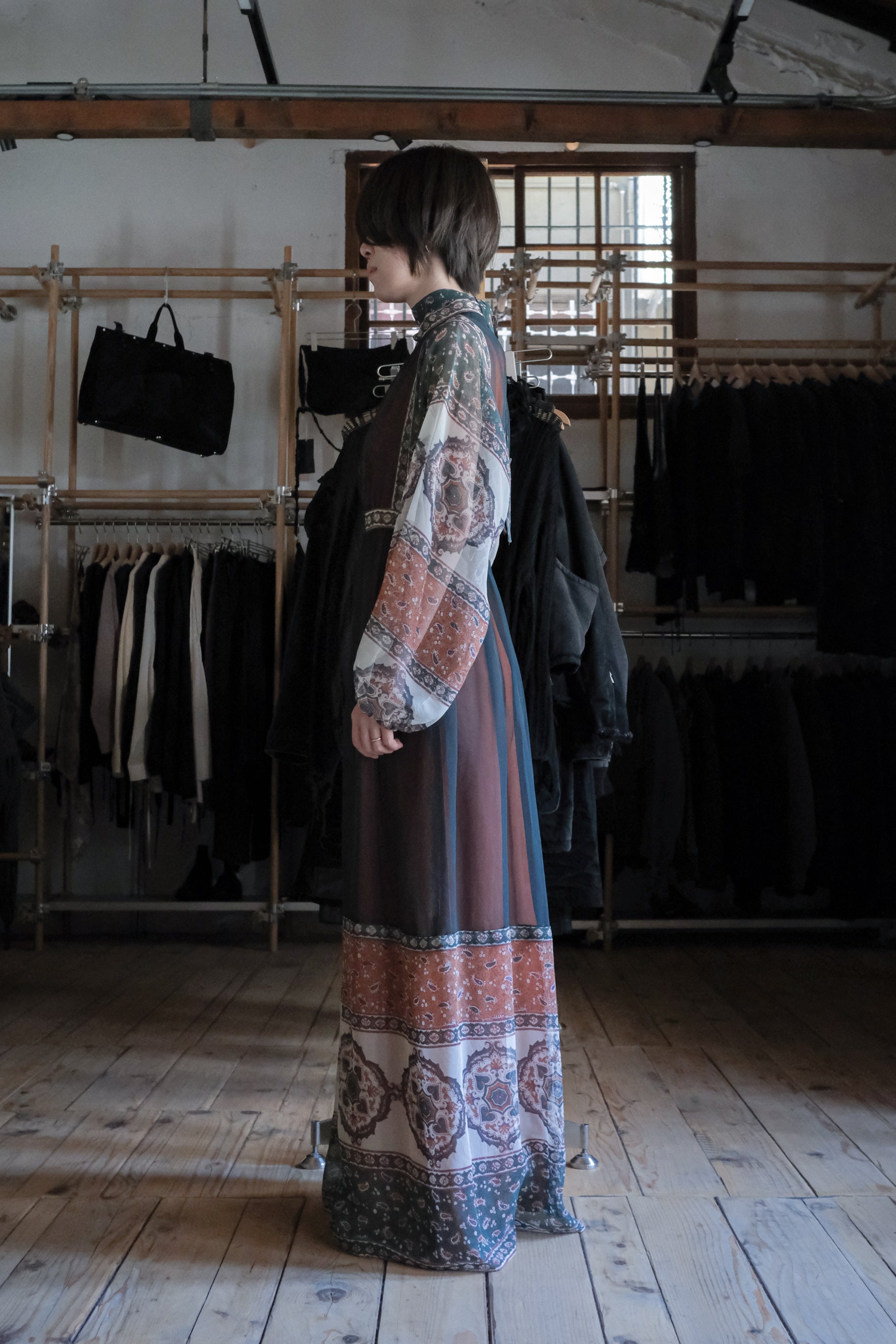 Vintage Paisley Print Frog Buttons Chiffon Dress / 古著變形蟲圖騰中式盤扣雪紡長洋裝