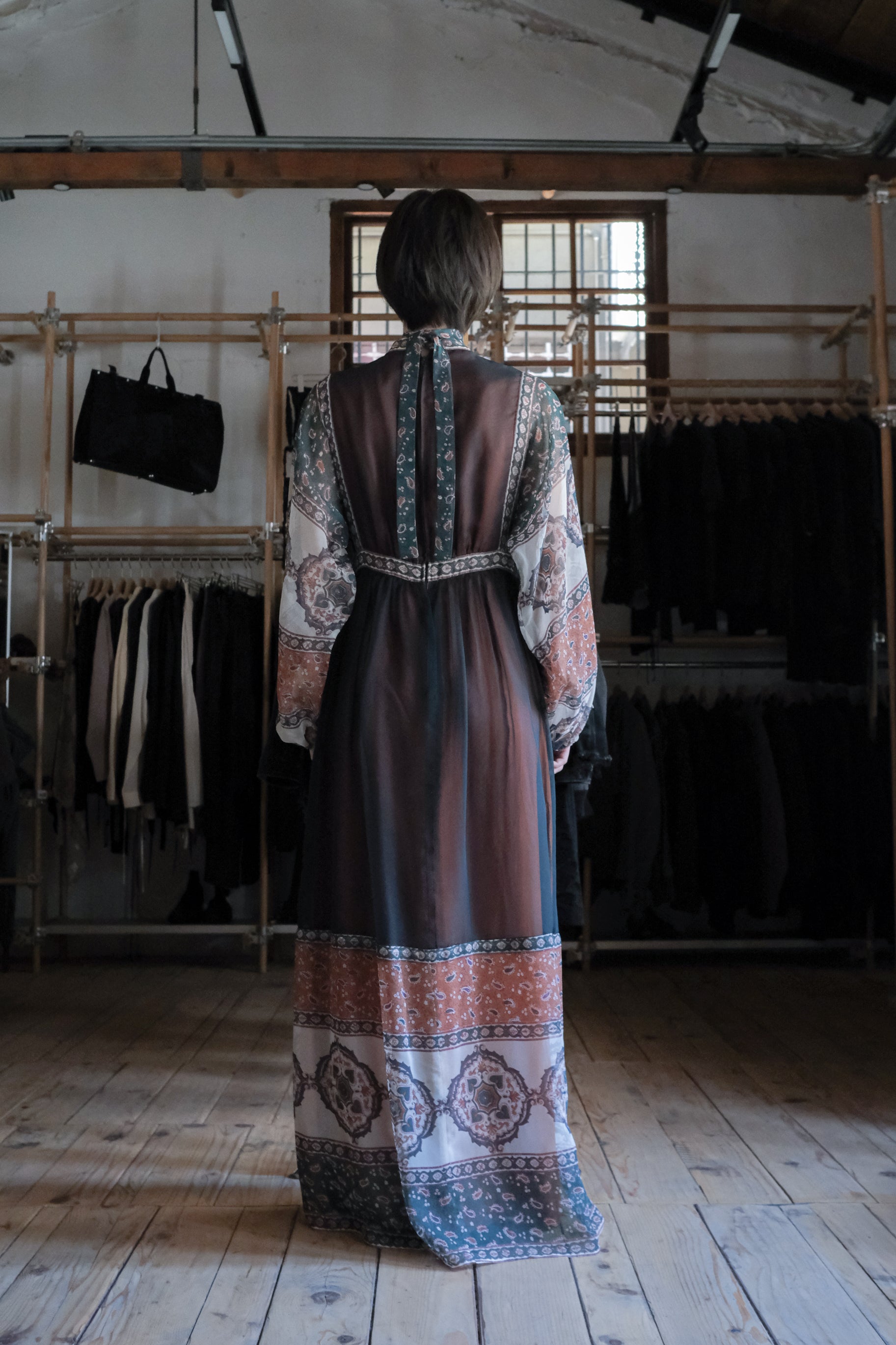 Vintage Paisley Print Frog Buttons Chiffon Dress / 古著變形蟲圖騰中式盤扣雪紡長洋裝