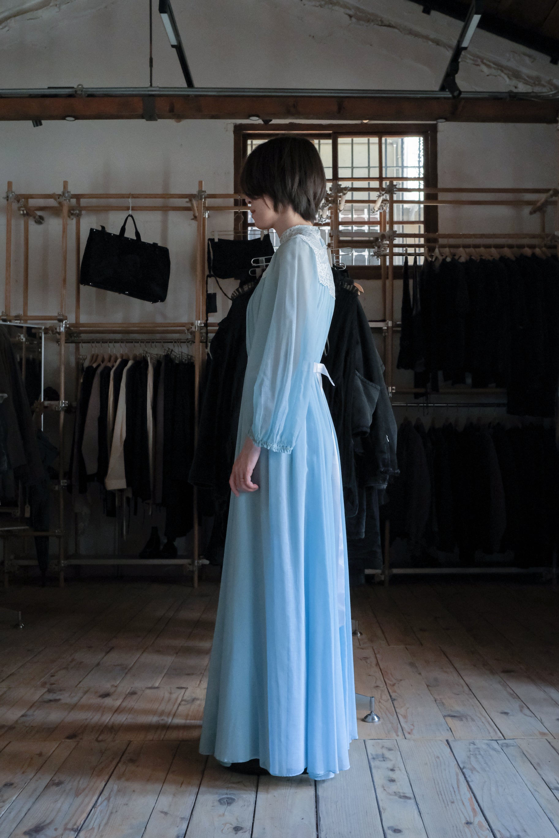 1970's Vintage Lace-Yoke Chiffon Gown  / 古著蕾絲拼接雪紡長禮服裙