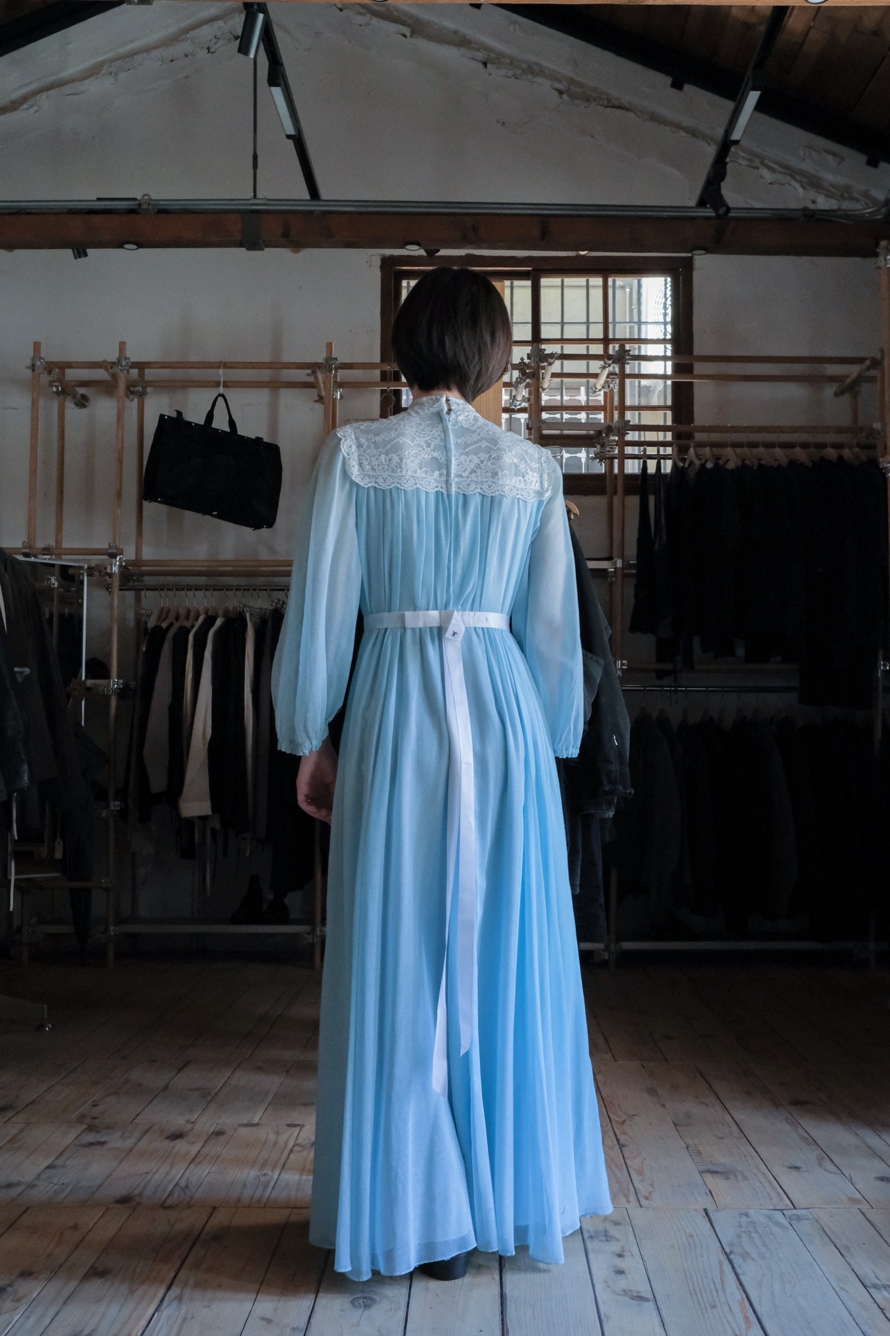 1970's Vintage Lace-Yoke Chiffon Gown  / 古著蕾絲拼接雪紡長禮服裙