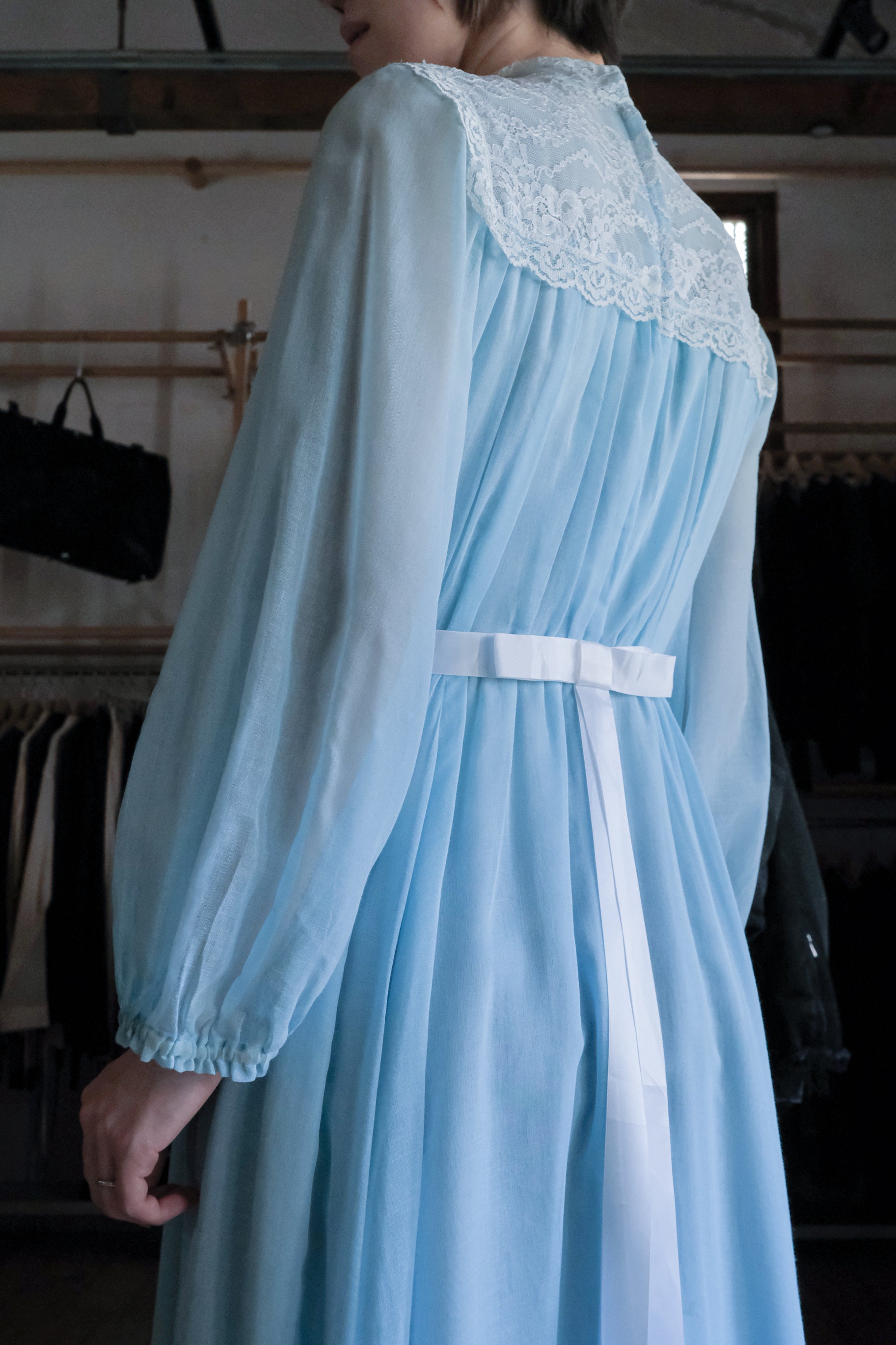 1970's Vintage Lace-Yoke Chiffon Gown  / 古著蕾絲拼接雪紡長禮服裙