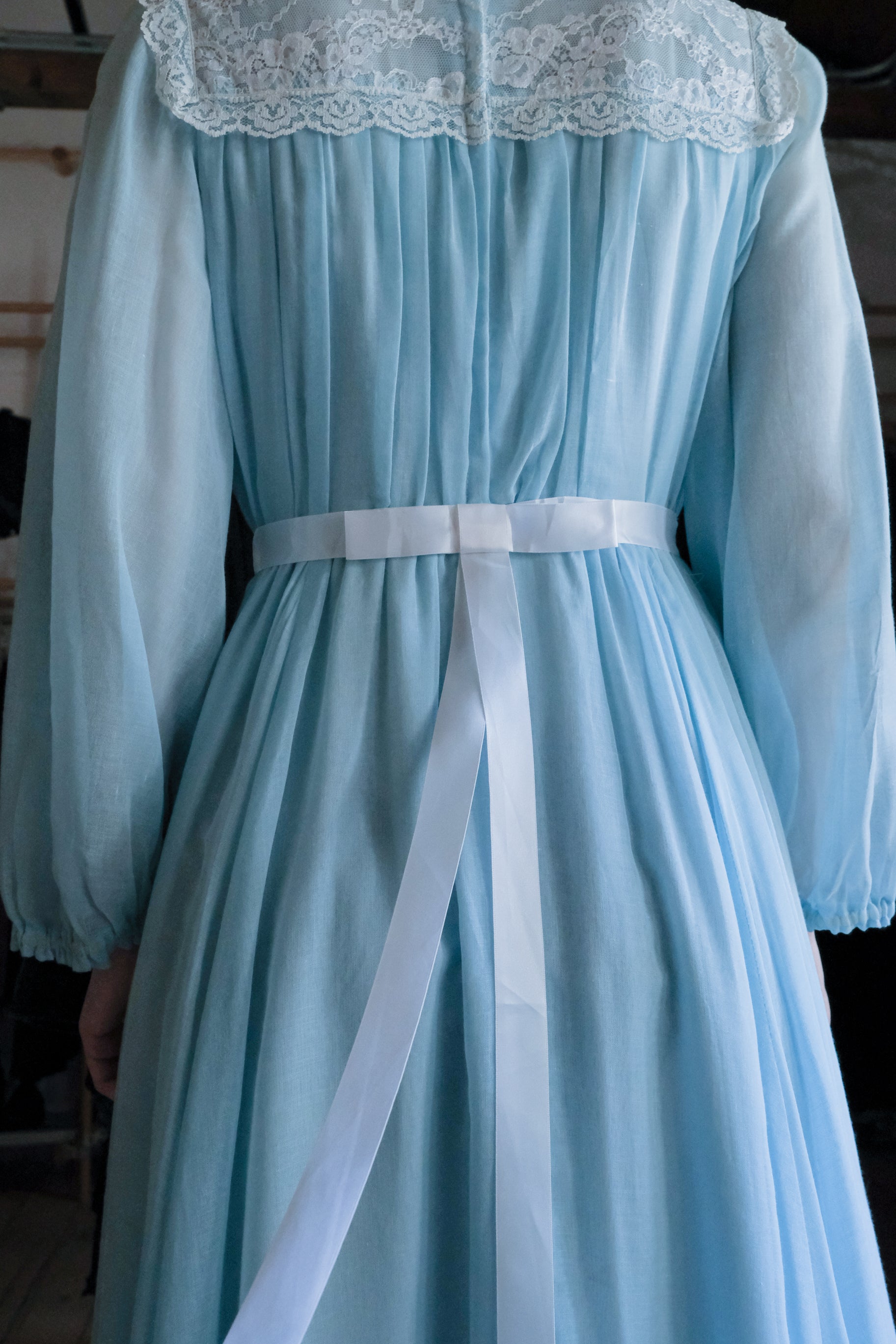 1970's Vintage Lace-Yoke Chiffon Gown  / 古著蕾絲拼接雪紡長禮服裙