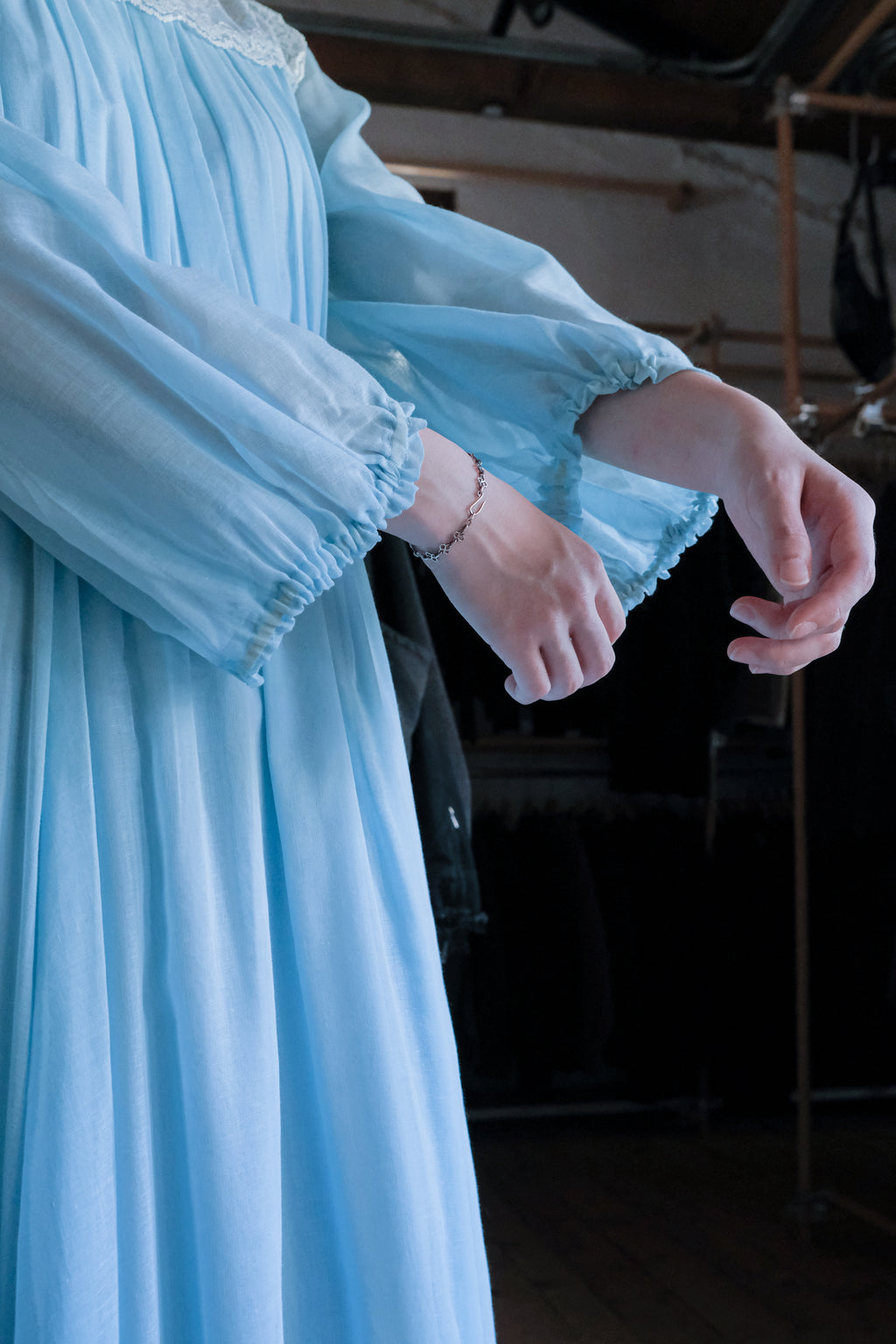 1970's Vintage Lace-Yoke Chiffon Gown  / 古著蕾絲拼接雪紡長禮服裙