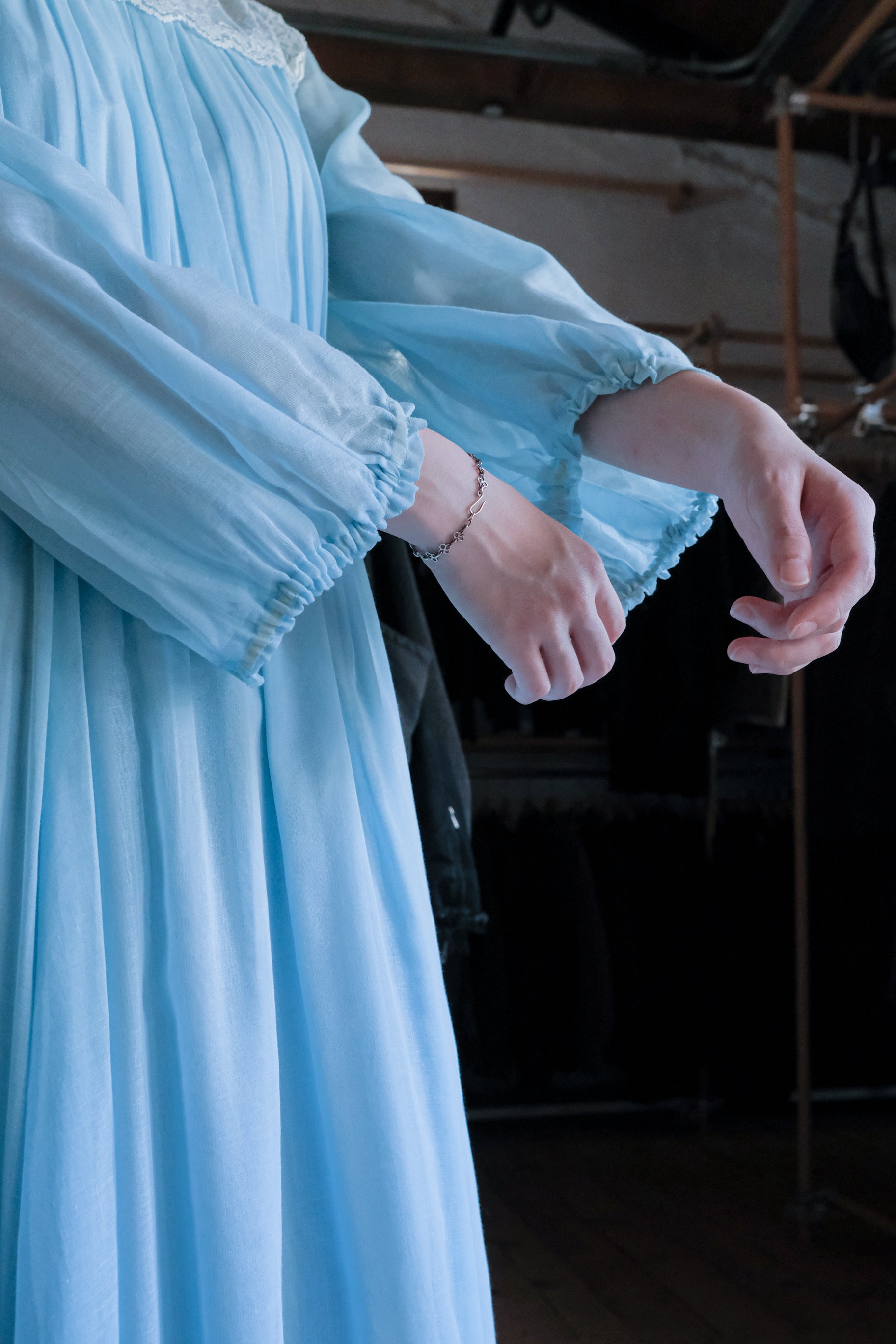 1970's Vintage Lace-Yoke Chiffon Gown  / 古著蕾絲拼接雪紡長禮服裙