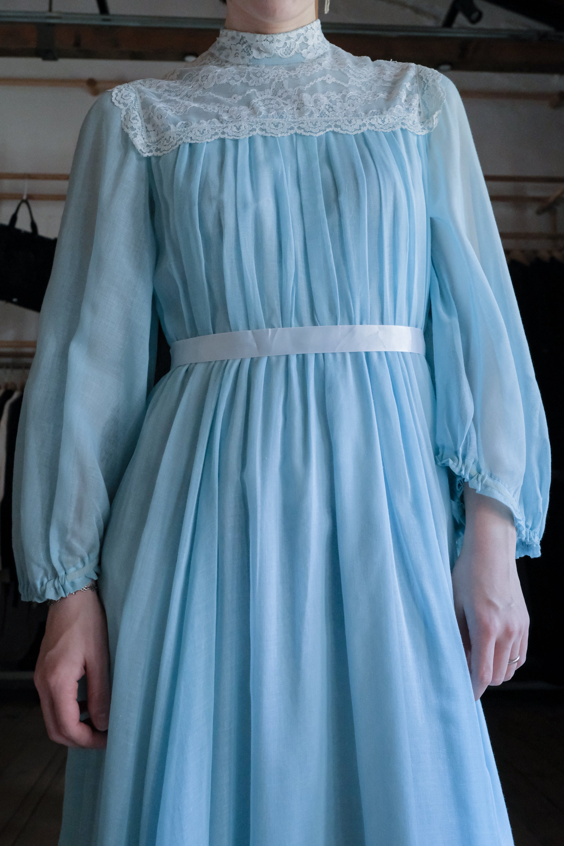 1970's Vintage Lace-Yoke Chiffon Gown  / 古著蕾絲拼接雪紡長禮服裙