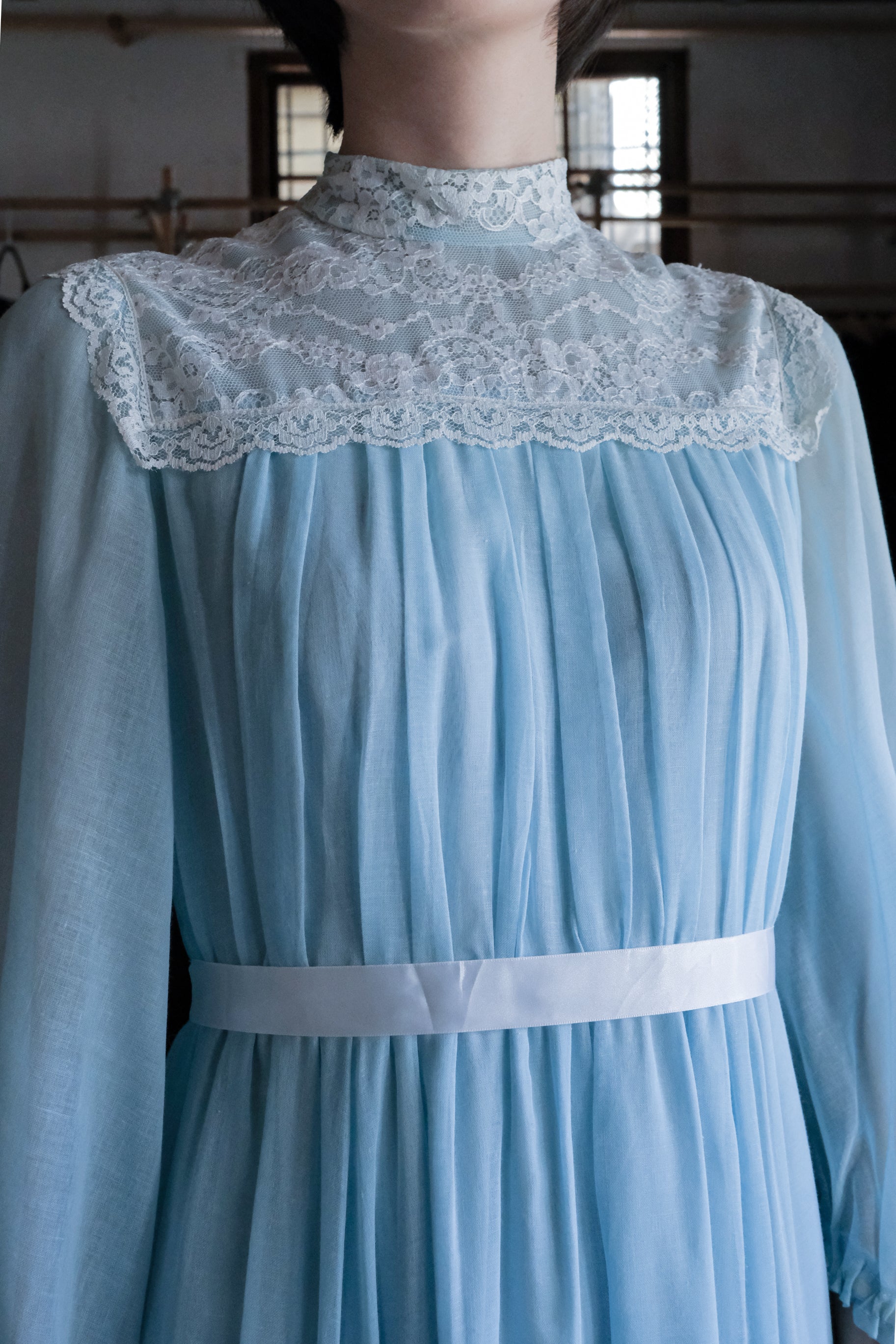 1970's Vintage Lace-Yoke Chiffon Gown  / 古著蕾絲拼接雪紡長禮服裙