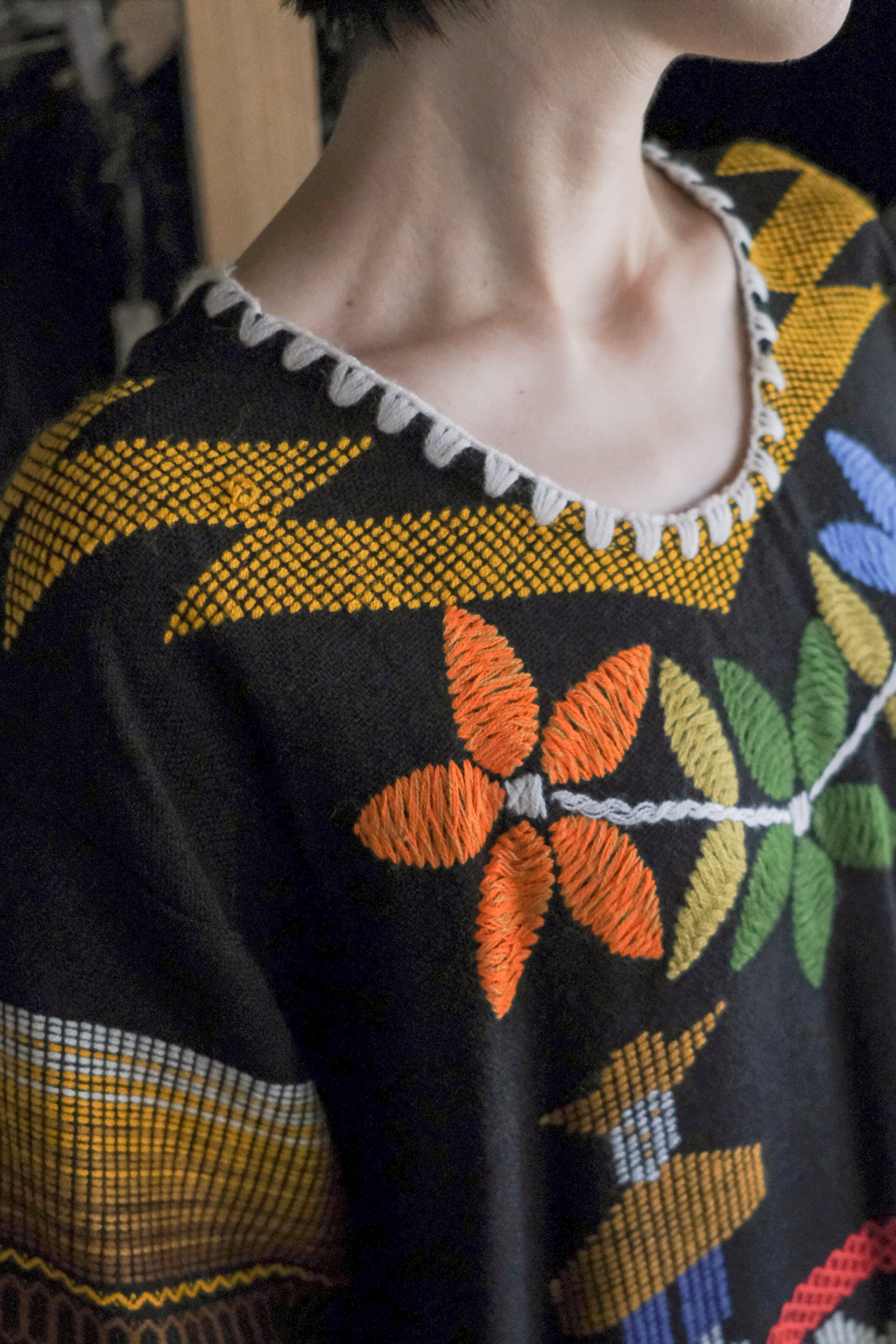 Mexican Vintage Cross-Stitch Huipil Belted Kaftan / 墨西哥古著十字繡綁帶長袍