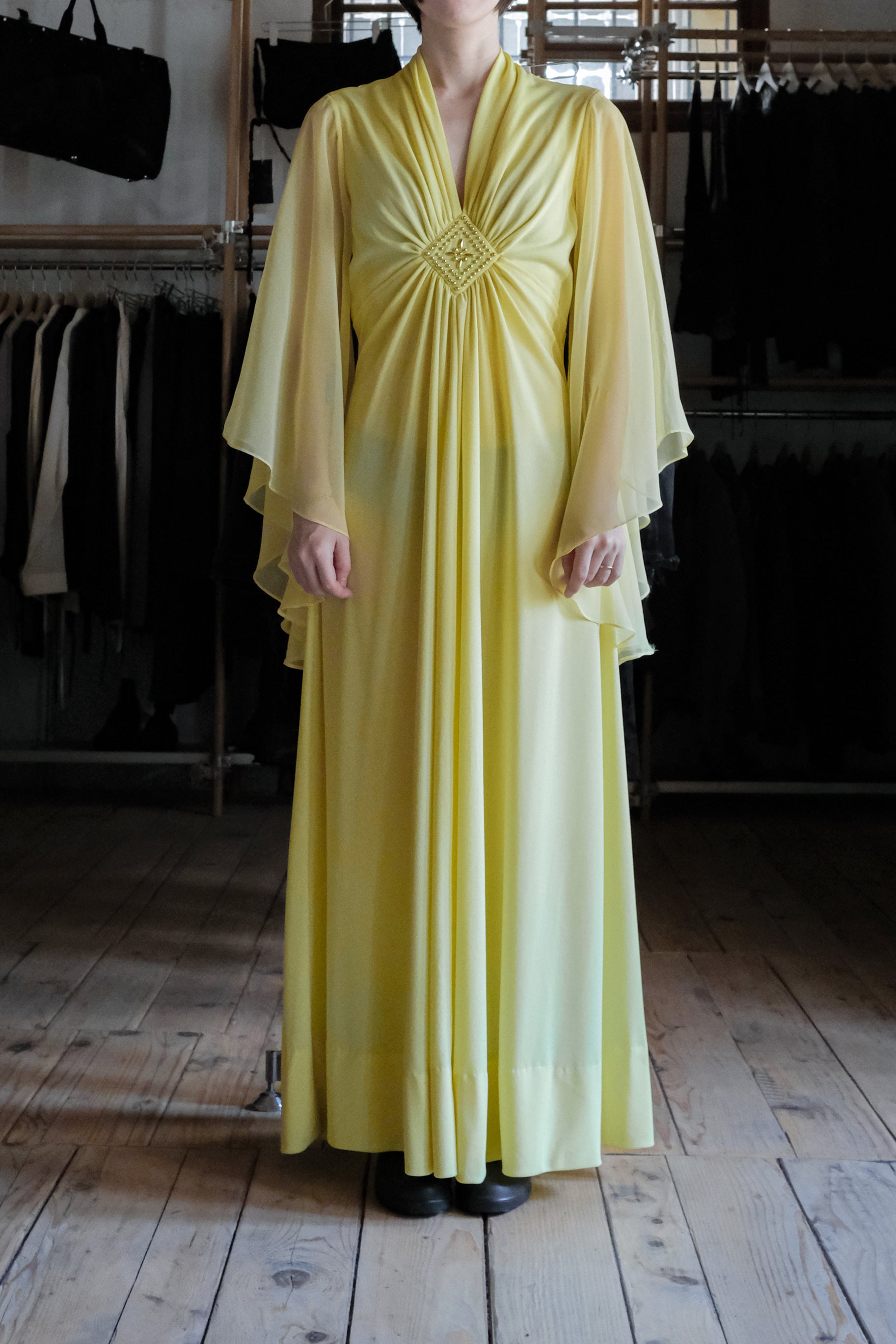 1970's Acacia Yellow Angel Sleeve Grecian Gown / 古著金合歡黃希臘女神風天使袖長禮服
