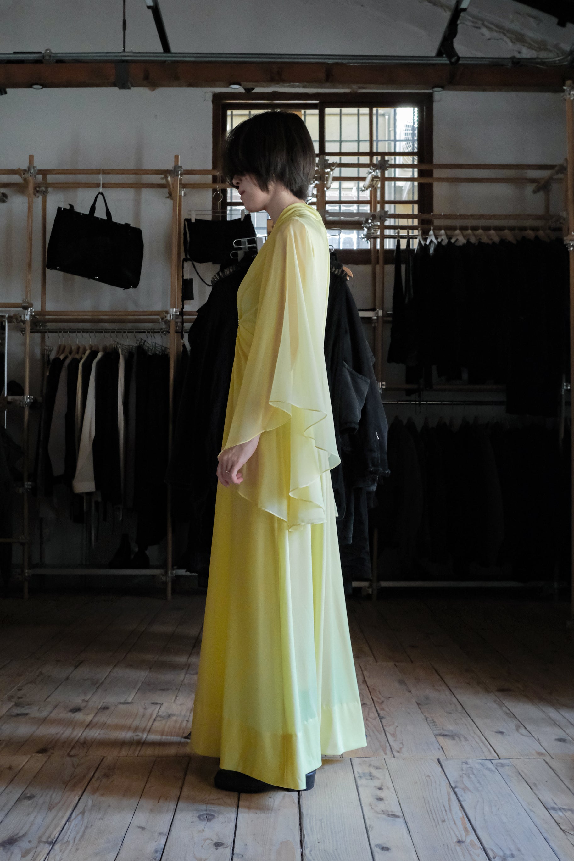 1970's Acacia Yellow Angel Sleeve Grecian Gown / 古著金合歡黃希臘女神風天使袖長禮服