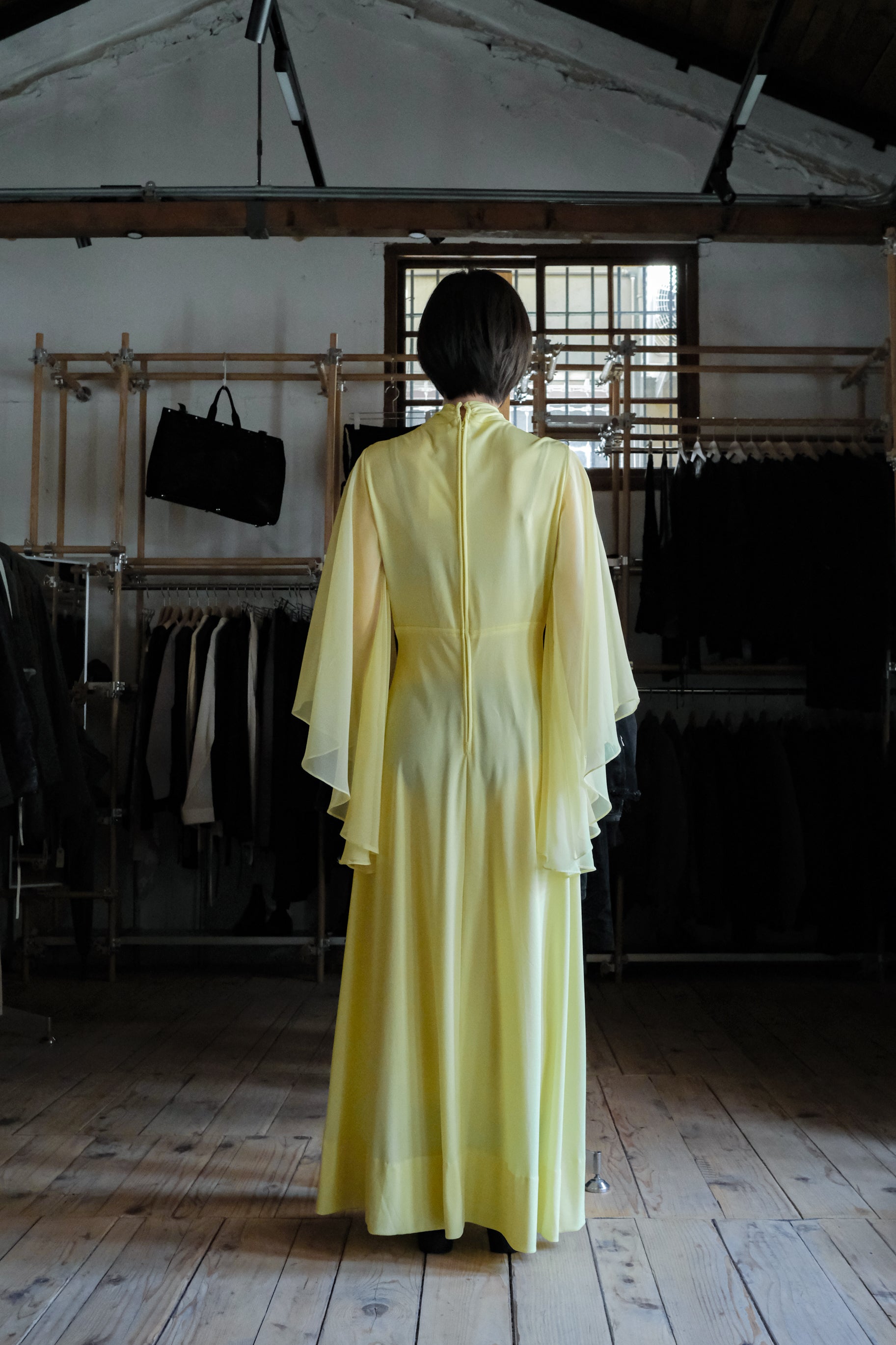 1970's Acacia Yellow Angel Sleeve Grecian Gown / 古著金合歡黃希臘女神風天使袖長禮服