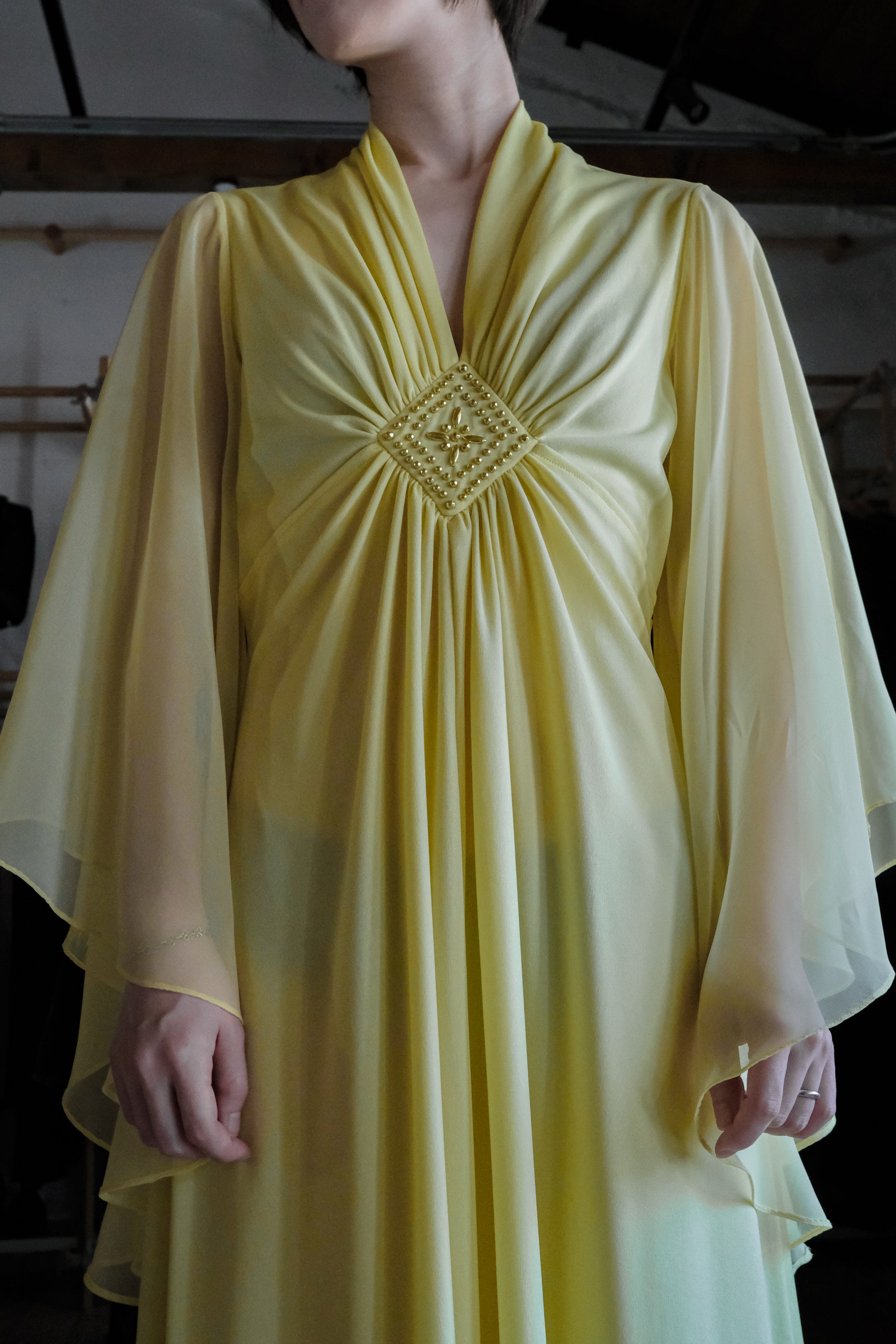 1970's Acacia Yellow Angel Sleeve Grecian Gown / 古著金合歡黃希臘女神風天使袖長禮服