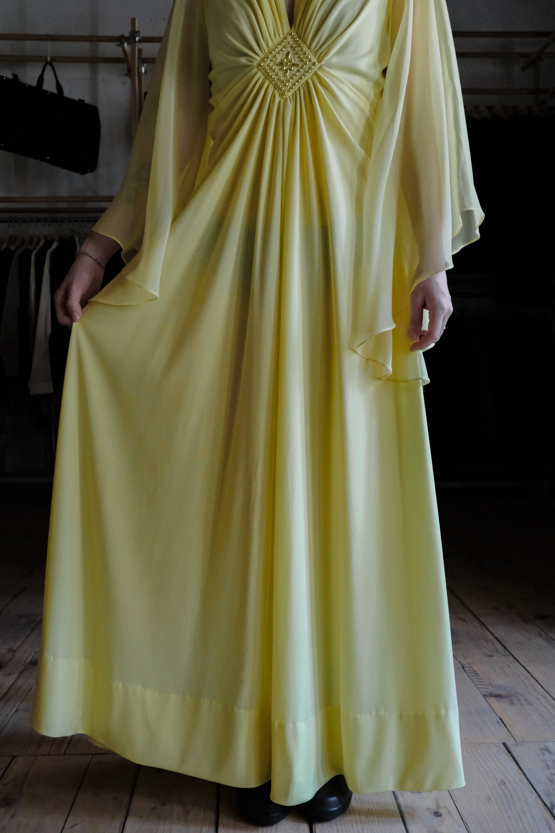1970's Acacia Yellow Angel Sleeve Grecian Gown / 古著金合歡黃希臘女神風天使袖長禮服
