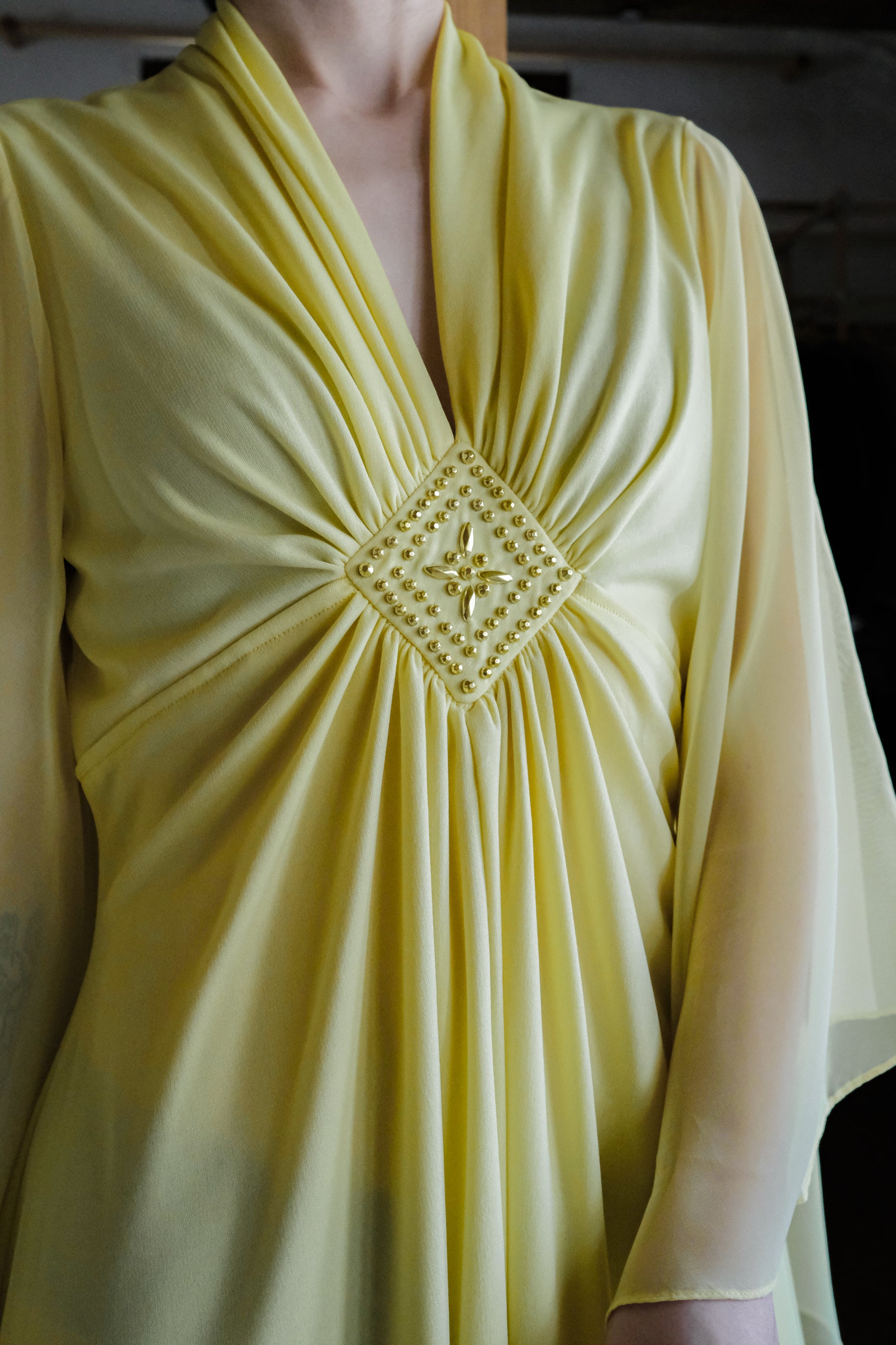 1970's Acacia Yellow Angel Sleeve Grecian Gown / 古著金合歡黃希臘女神風天使袖長禮服