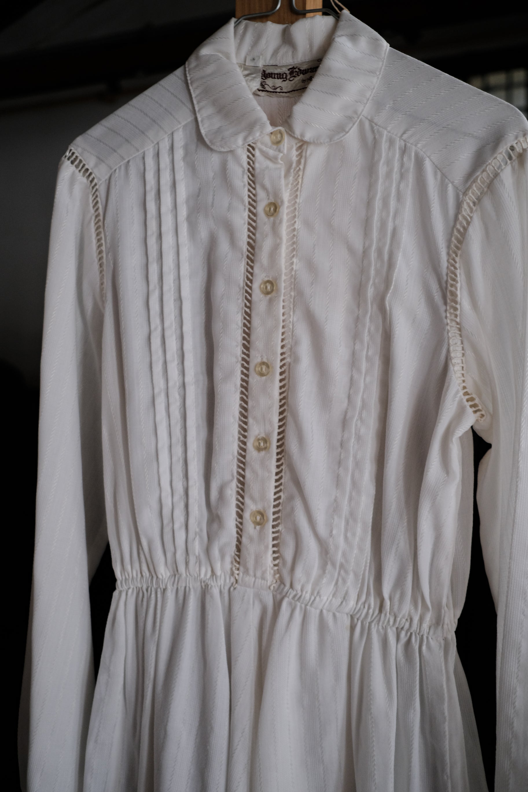 1970's Young Edwardian Collar Ladder Lace Pintuck Dress / 古著圓領梯形鏤空絎縫洋裝