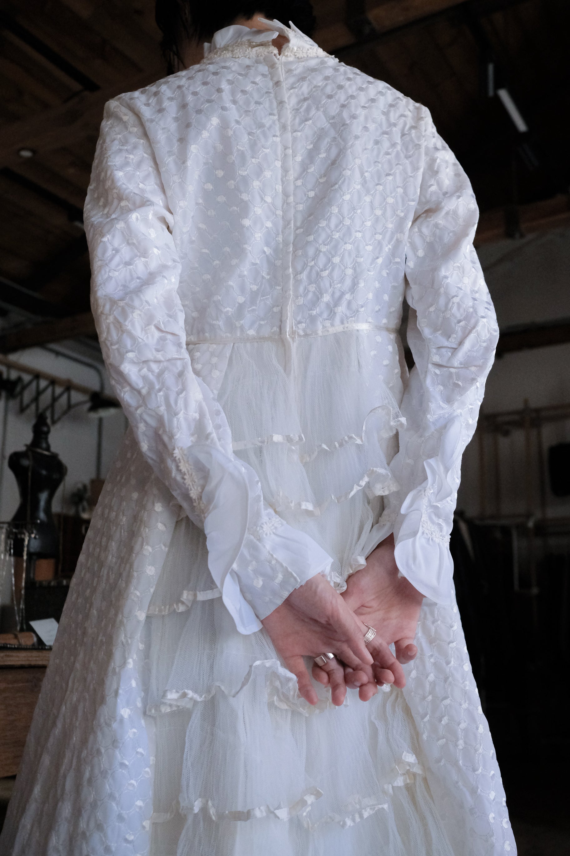 1960-1980's Dotted Jacquard Lace Cascade Gown / 古董波點蕾絲緹花長尾褶婚裙
