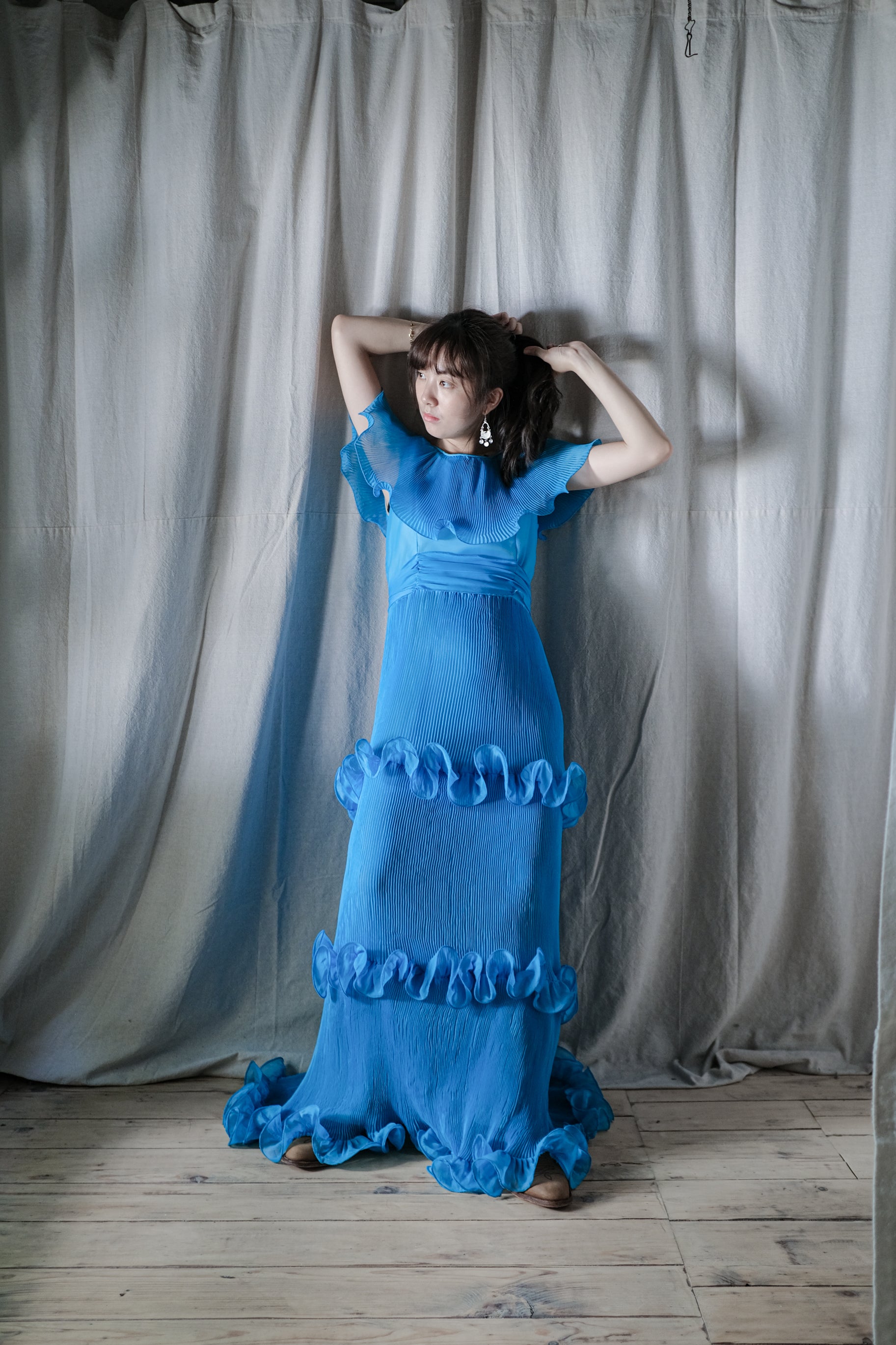 1970's Europe Ruffled Maxi Dress / 海洋女神波浪洋裝