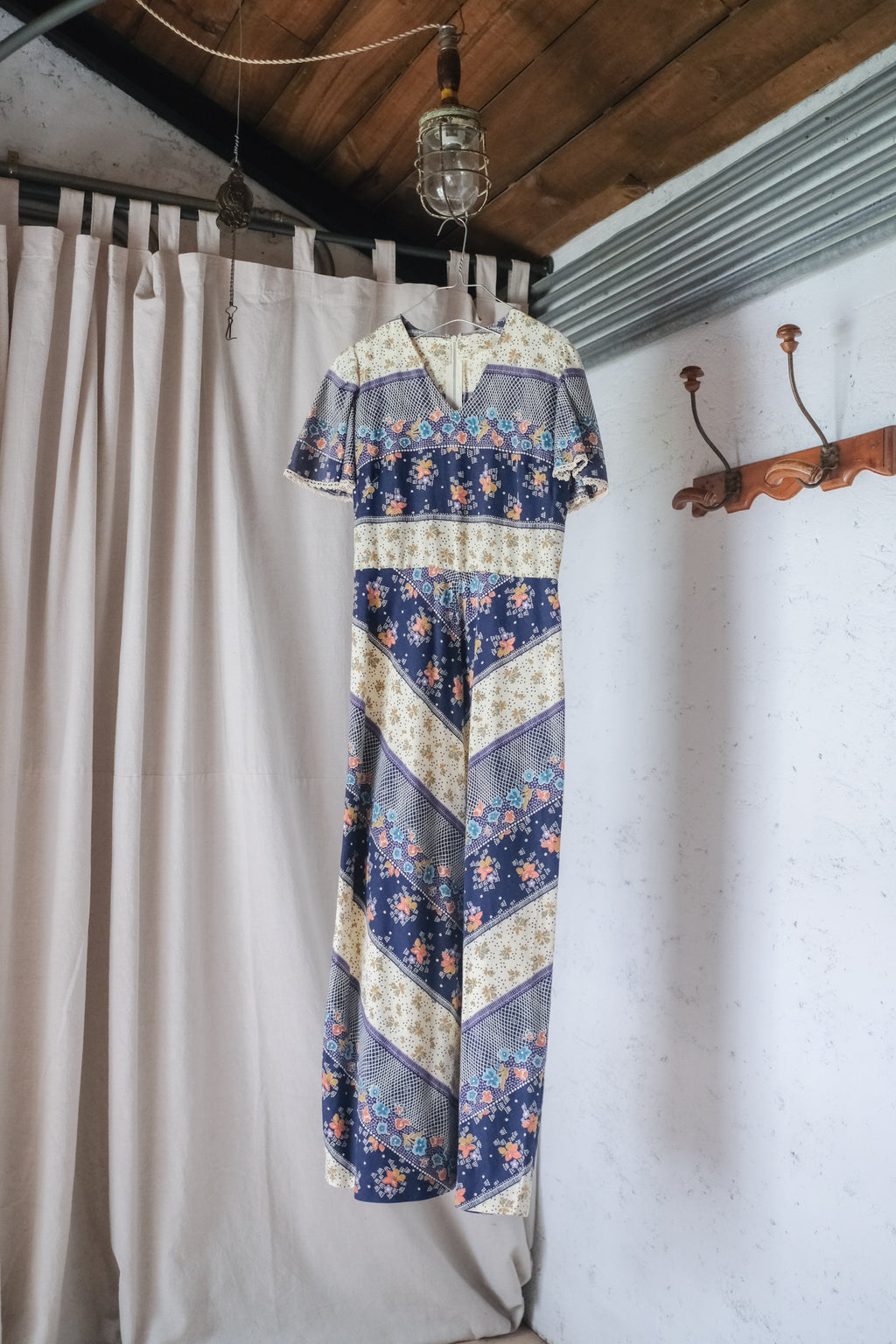 Vintage V-Neck Diagonal Striped Floral Prairie Maxi