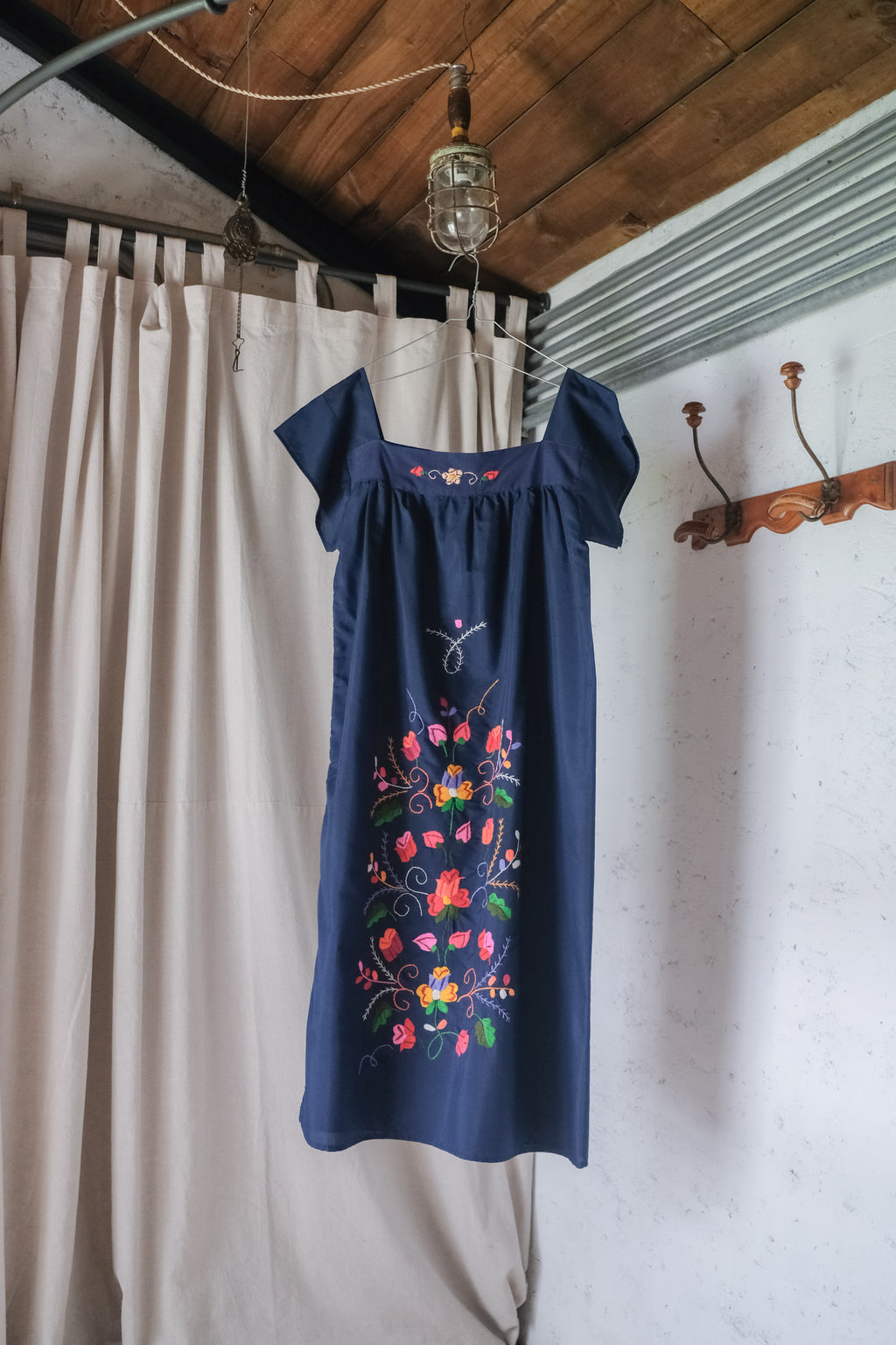 Vintage Ecuadorian Navy Blue Embroidered Floral Dress