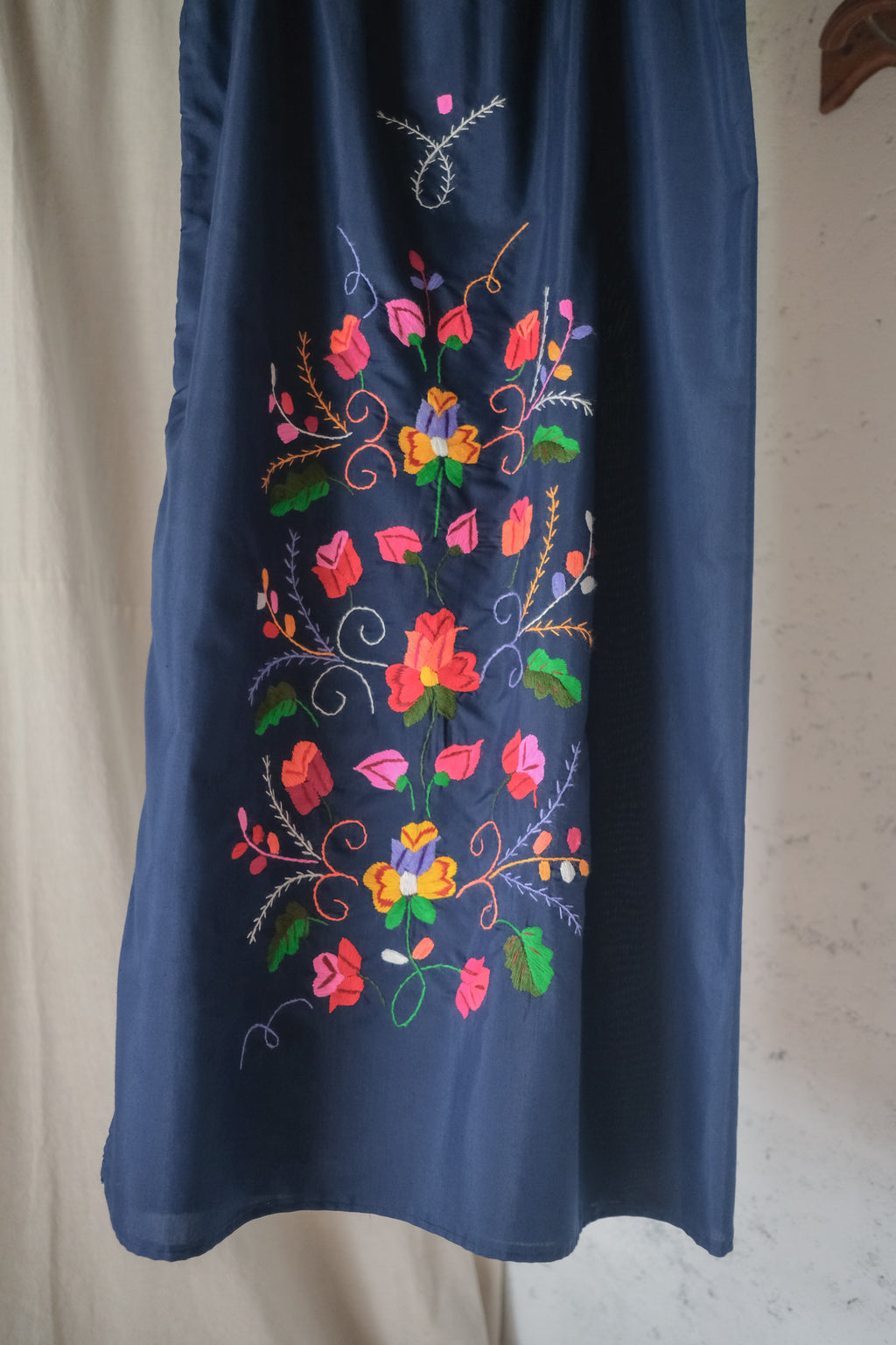 Vintage Ecuadorian Navy Blue Embroidered Floral Dress