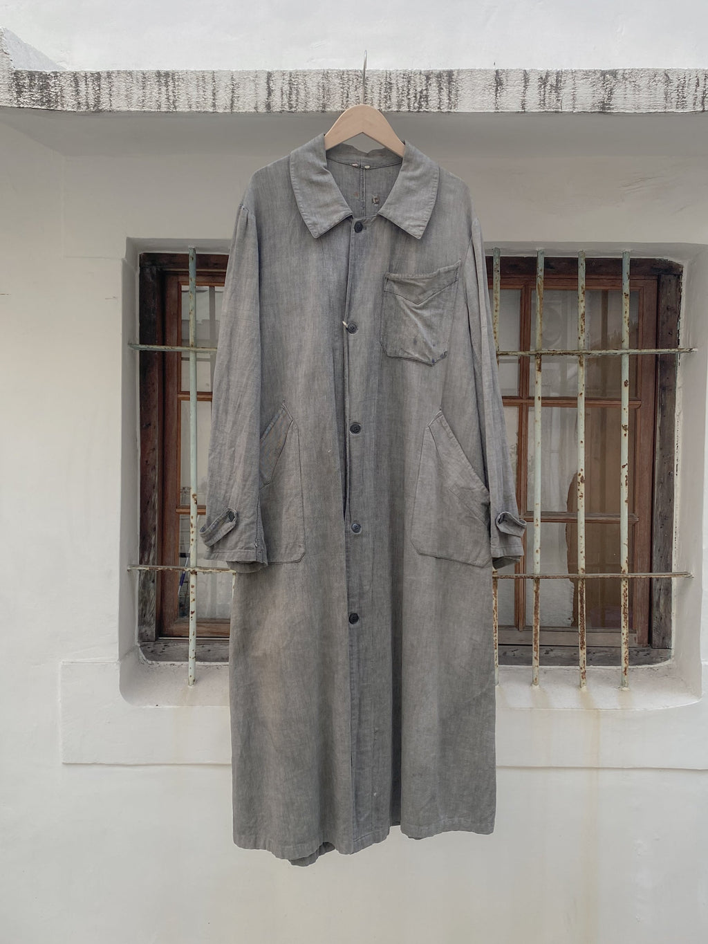 1940's French Salt & Pepper Coat V-pocket Large Collar / 法國椒鹽布工作大衣