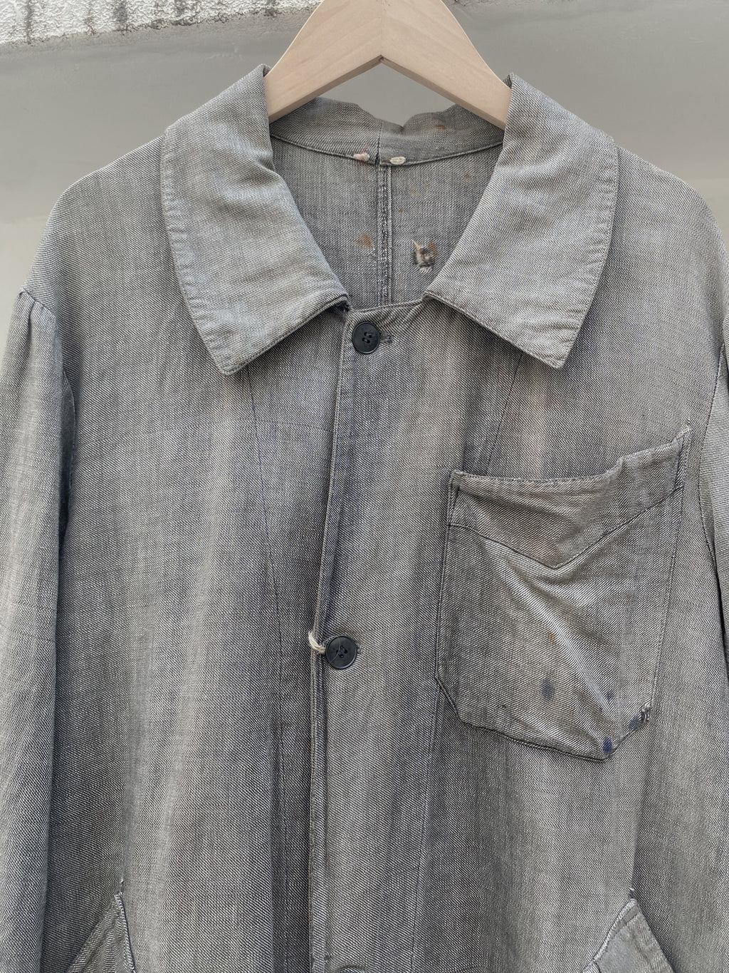 1940's French Salt & Pepper Coat V-pocket Large Collar / 法國椒鹽布工作大衣