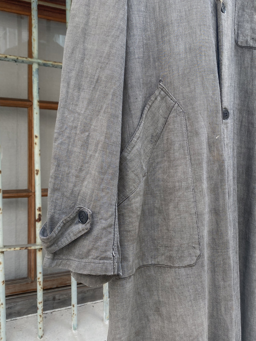 1940's French Salt & Pepper Coat V-pocket Large Collar / 法國椒鹽布工作大衣