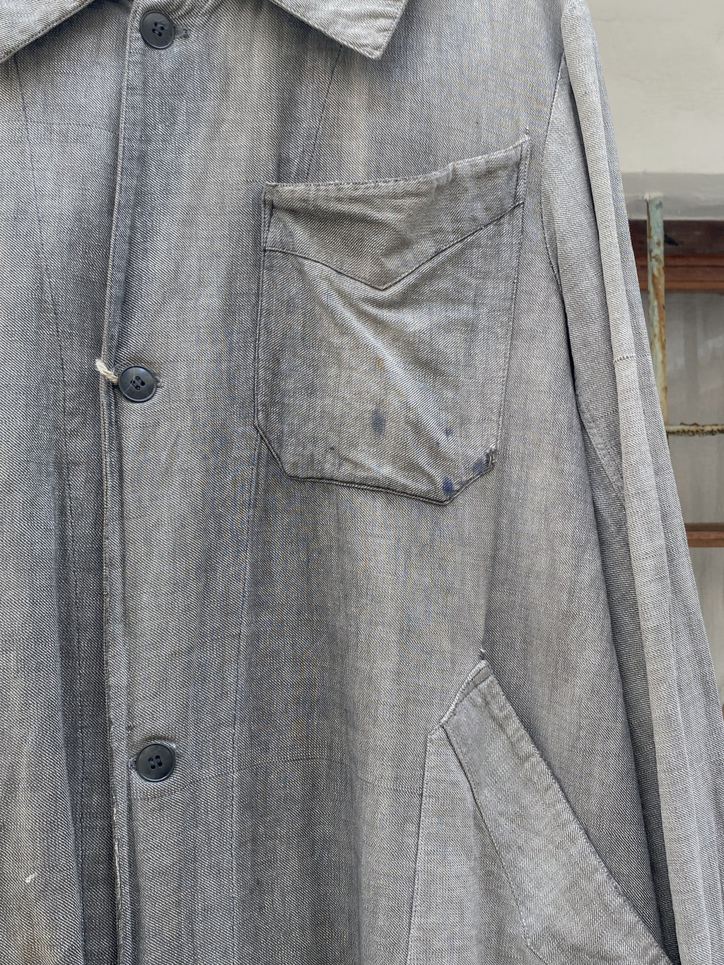 1940's French Salt & Pepper Coat V-pocket Large Collar / 法國椒鹽布工作大衣